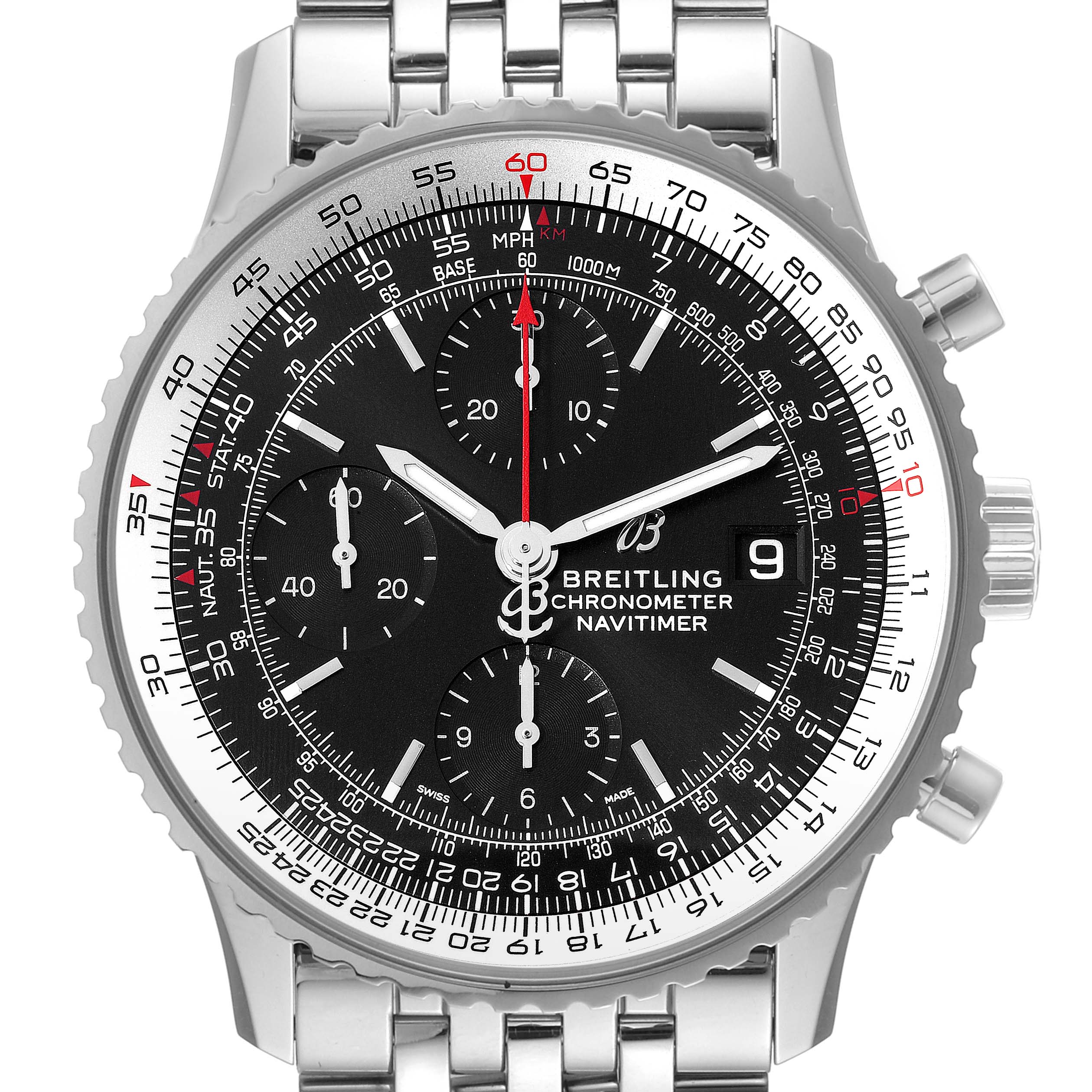 The image shows the face of a Breitling Navitimer A13324 Men's Stainless Steel Black Dial A13324 Men's Stainless Steel Black Dial watch, displaying its chronograph dials and steel bracelet.