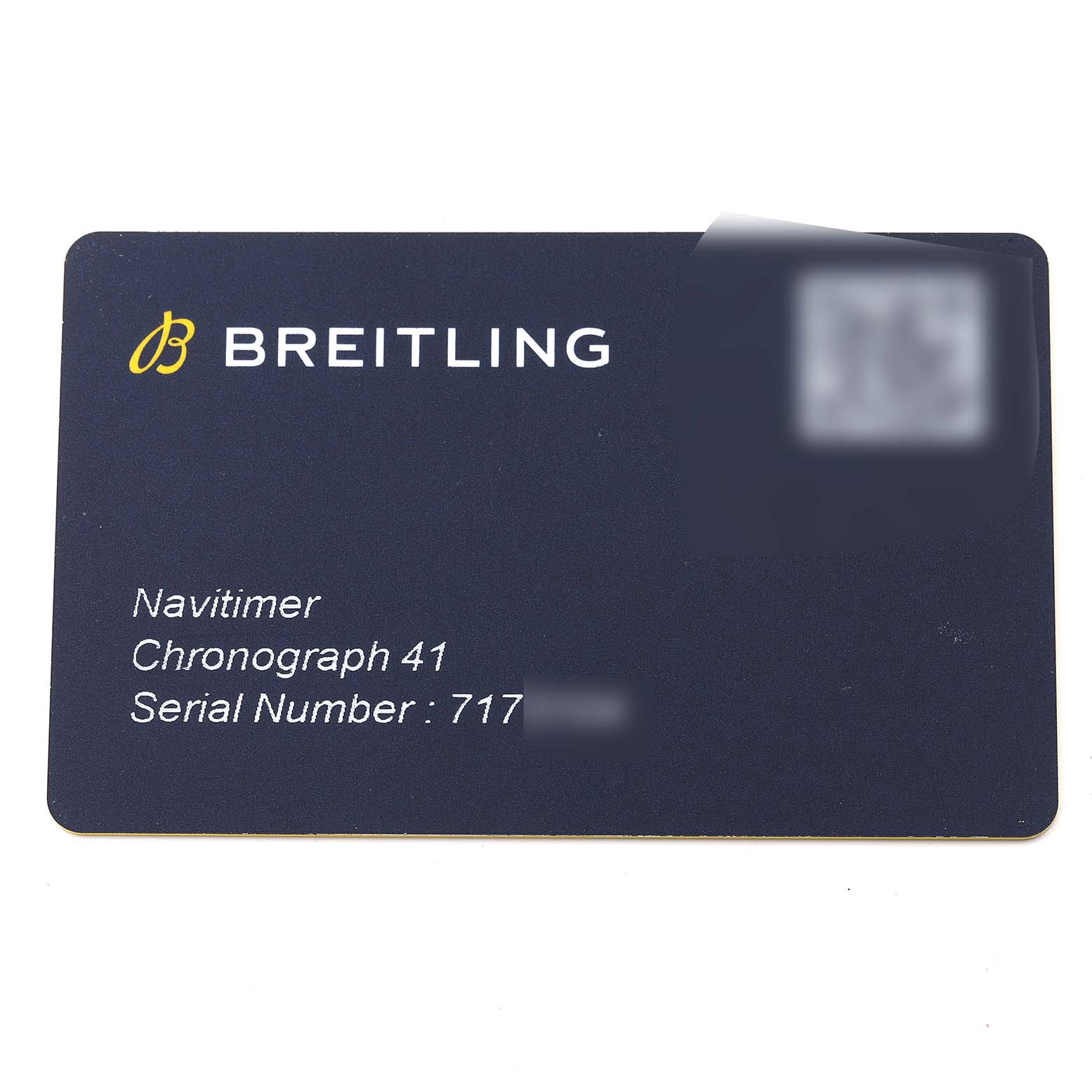 A card showing the Breitling Navitimer A13324 Men's Stainless Steel Black Dial A13324 Men's Stainless Steel Black Dial Chronograph 41 with its serial number.