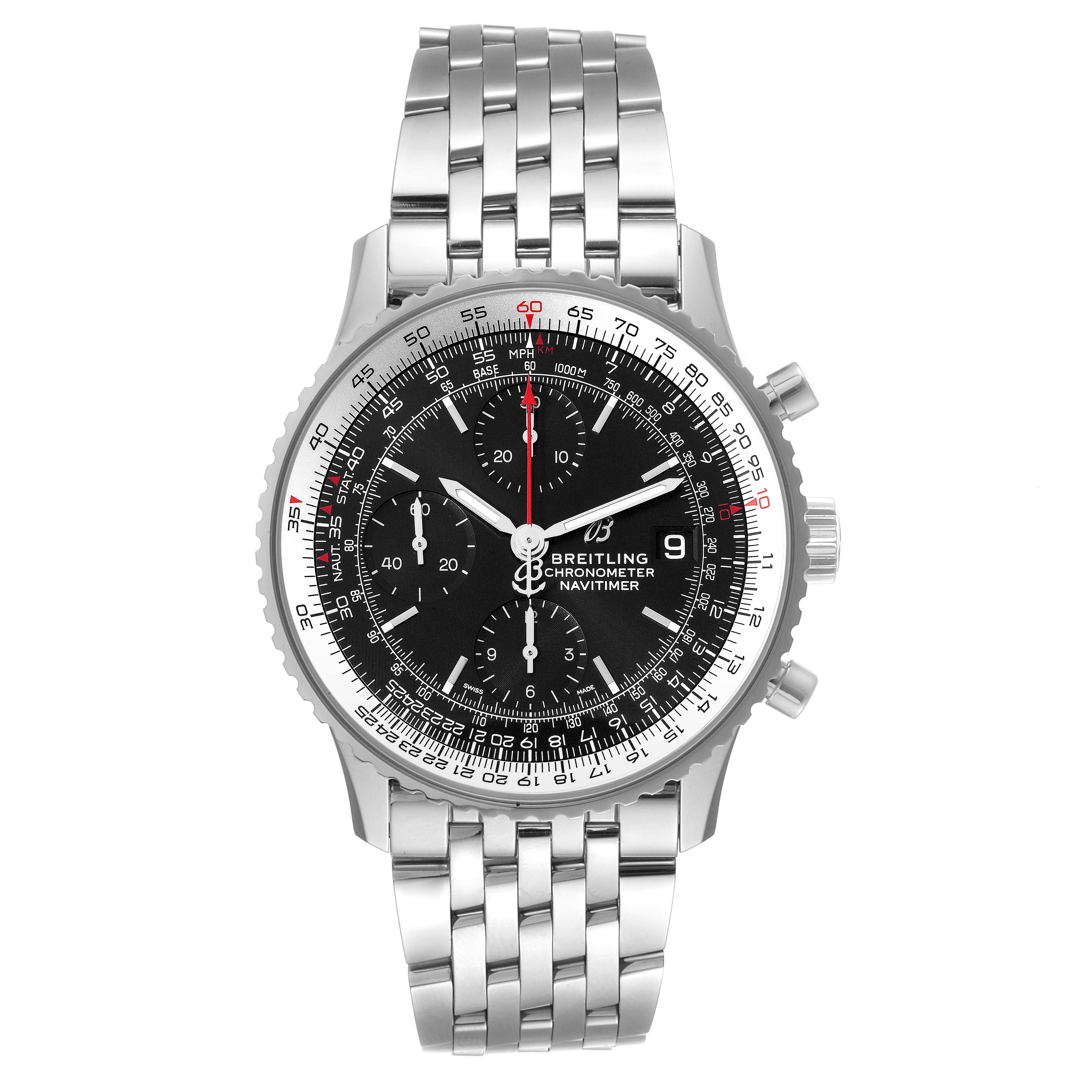 The image shows a front view of the Breitling Navitimer A13324 Men's Stainless Steel Black Dial A13324 Men's Stainless Steel Black Dial watch, highlighting the dial, bezel, and metal bracelet.