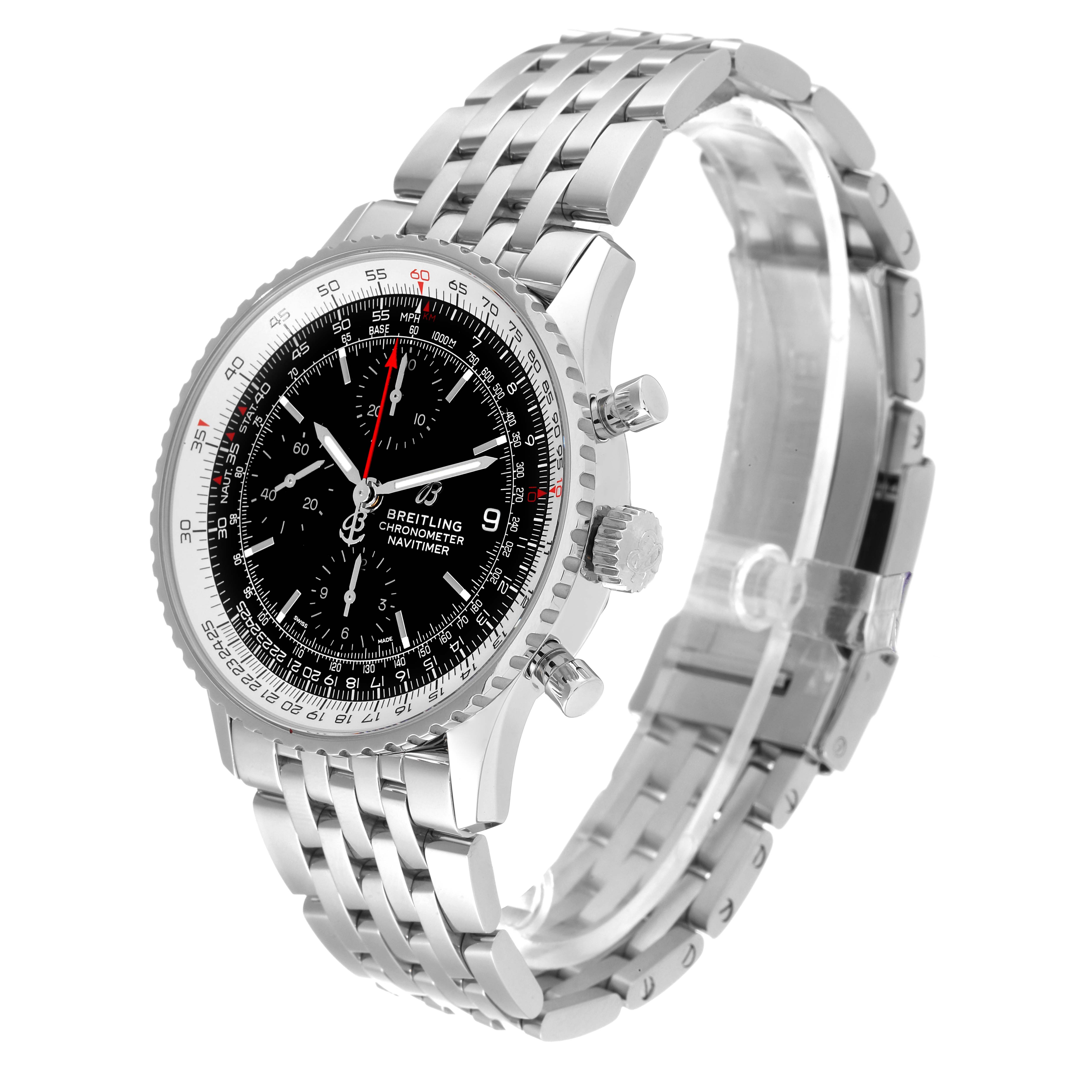 The image shows a Breitling Navitimer A13324 Men's Stainless Steel Black Dial A13324 Men's Stainless Steel Black Dial watch at a three-quarter angle, displaying its black dial, stainless steel case, and bracelet.
