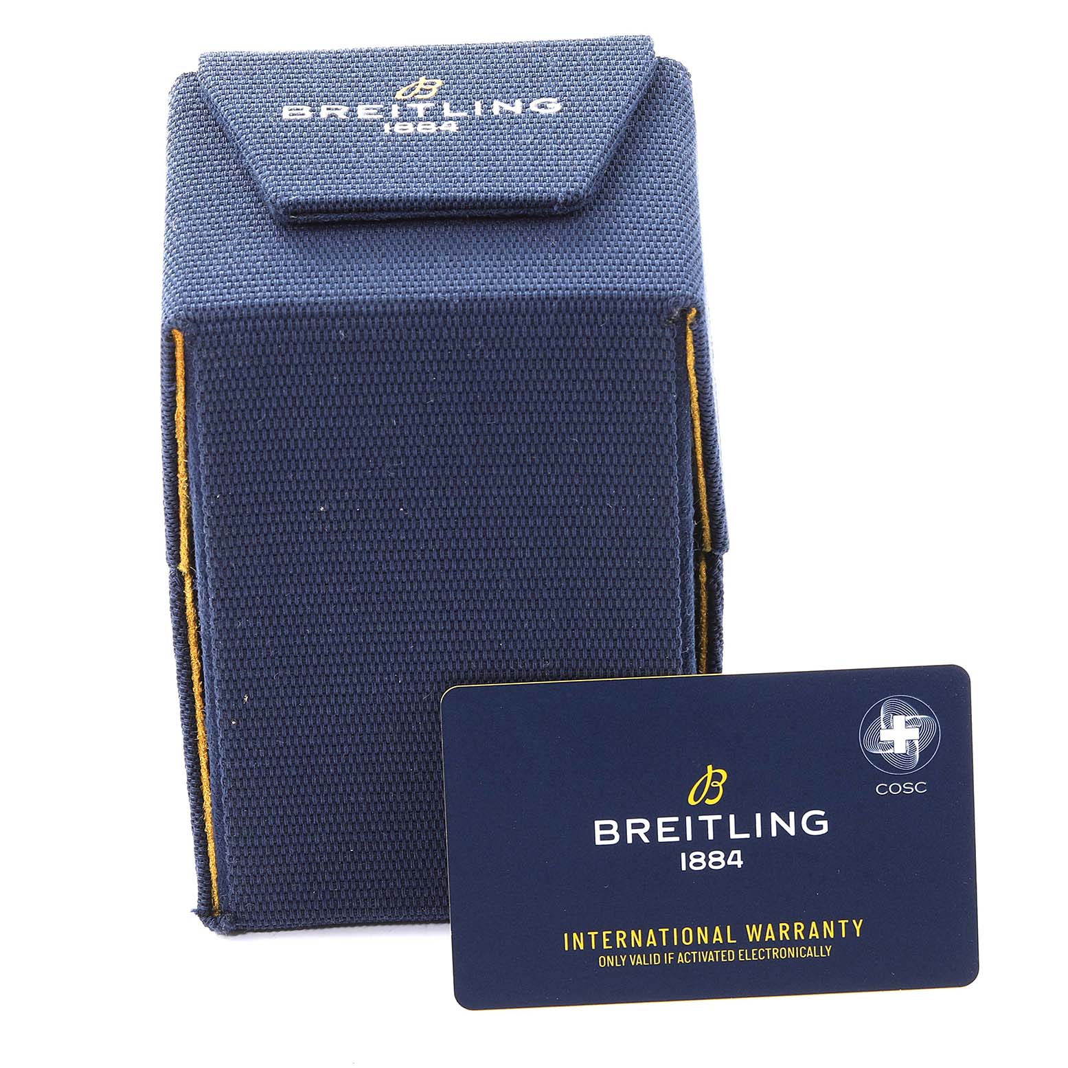 The image shows a Breitling Navitimer A13324 Men's Stainless Steel Black Dial A13324 Men's Stainless Steel Black Dial watch box and its international warranty card.