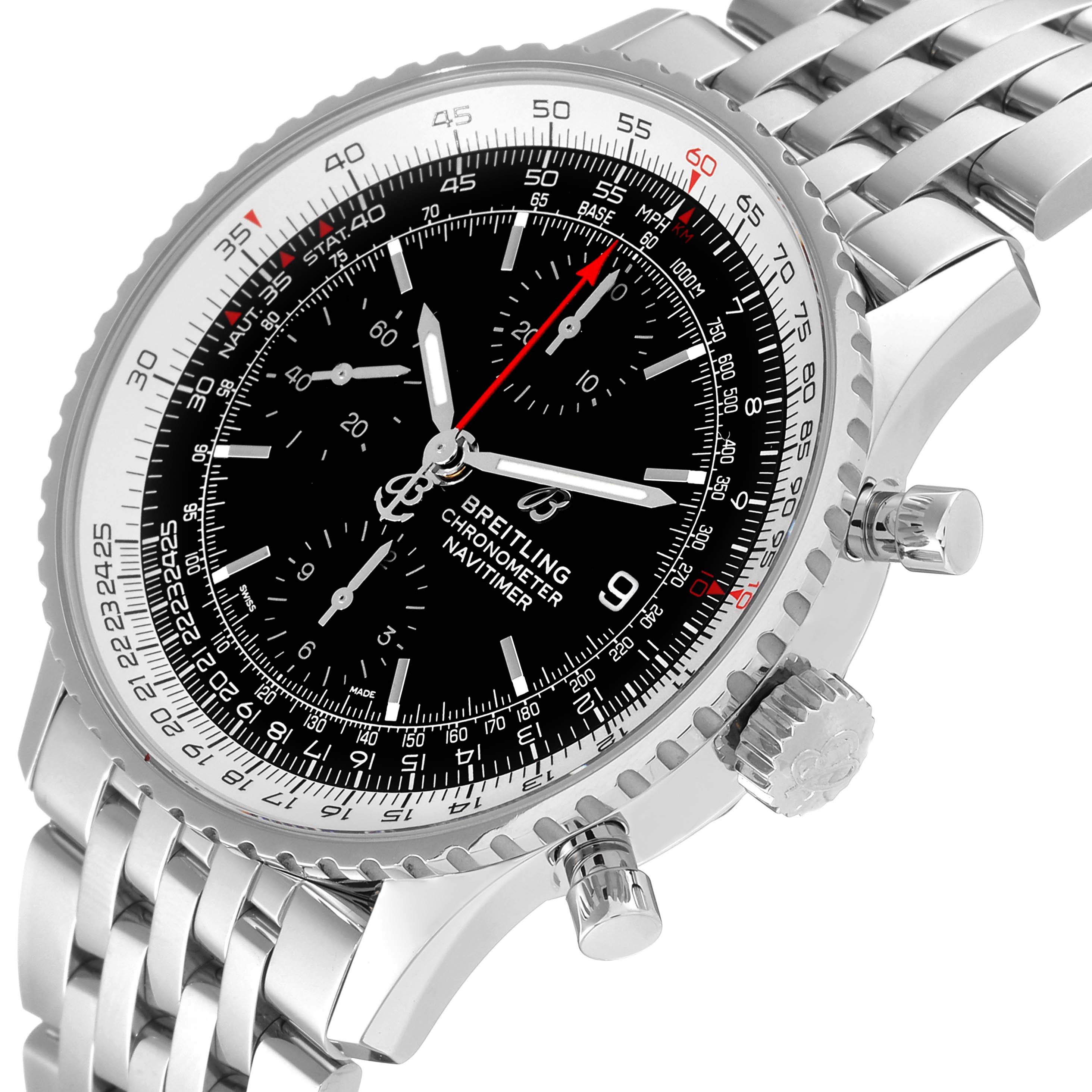 The image shows a close-up view of the Breitling Navitimer A13324 Men's Stainless Steel Black Dial A13324 Men's Stainless Steel Black Dial watch, highlighting the face, bezel, pushers, and part of the bracelet.
