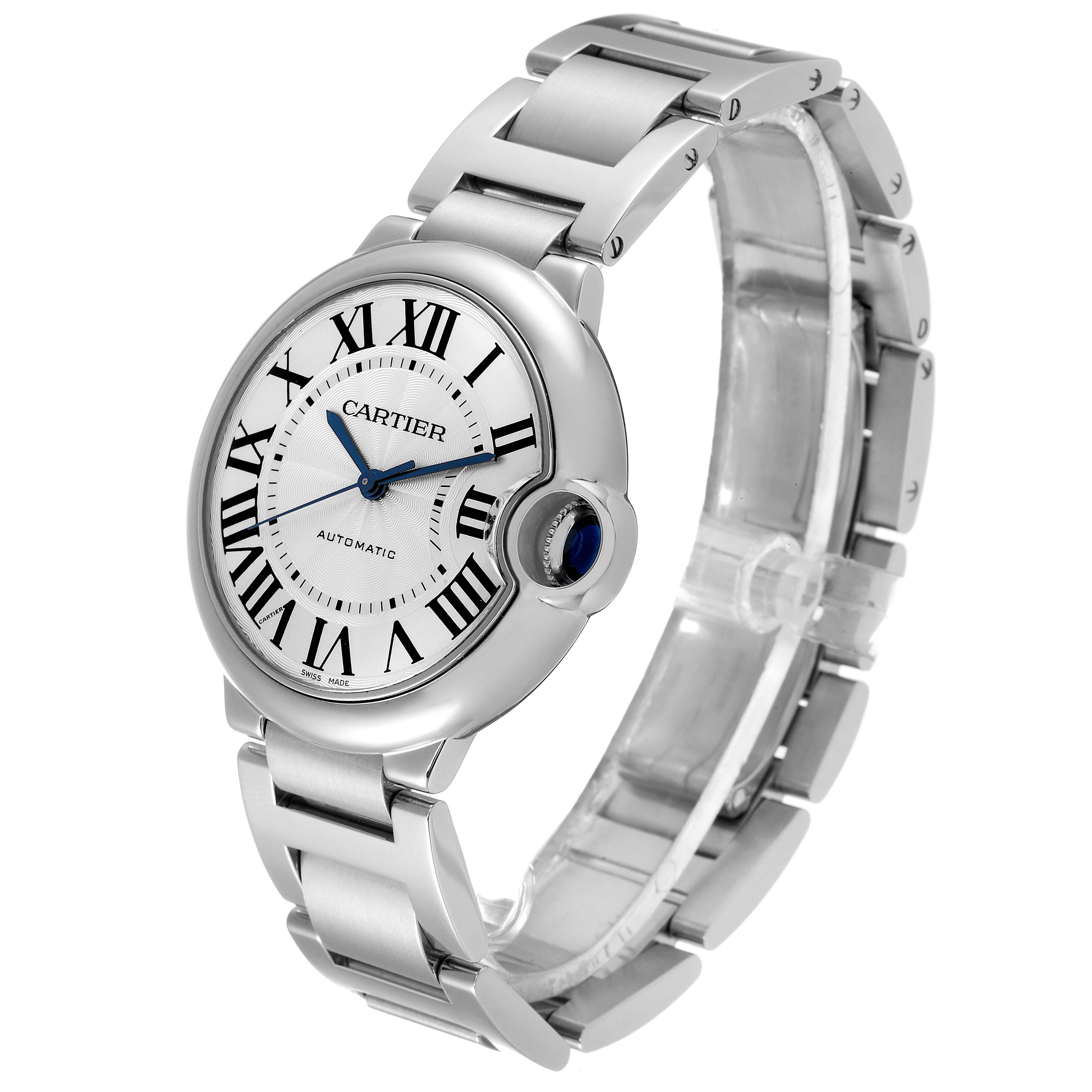 This image shows a Cartier Ballon Bleu W6920046 Women
s Stainless Steel Silver Dial W6920046 Women
s Stainless Steel Silver Dial watch at a three-quarter angle, displaying the face, crown, and partially the bracelet.