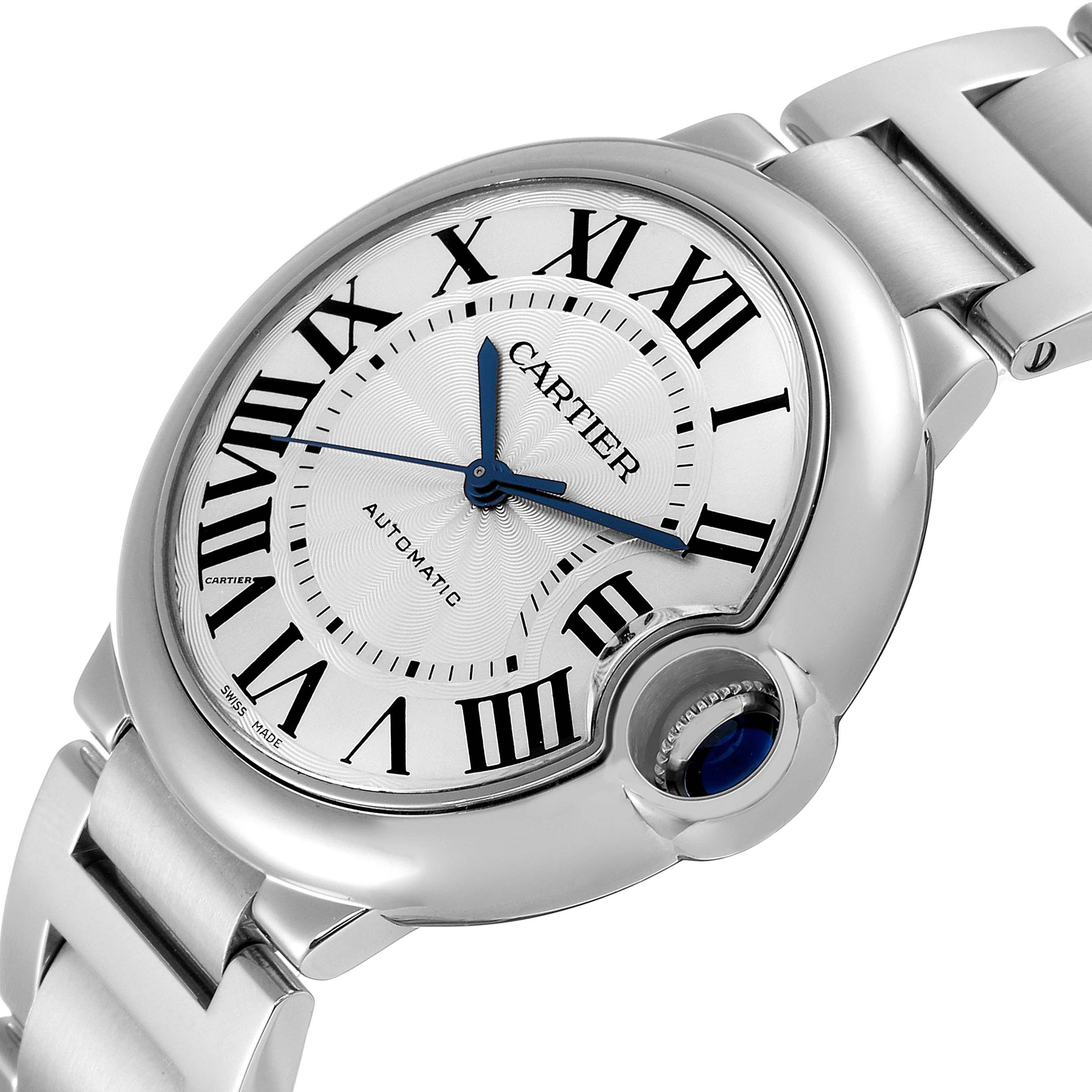 The image shows a close-up angle of the dial and bracelet of a Cartier Ballon Bleu W6920046 Women
s Stainless Steel Silver Dial W6920046 Women
s Stainless Steel Silver Dial watch.