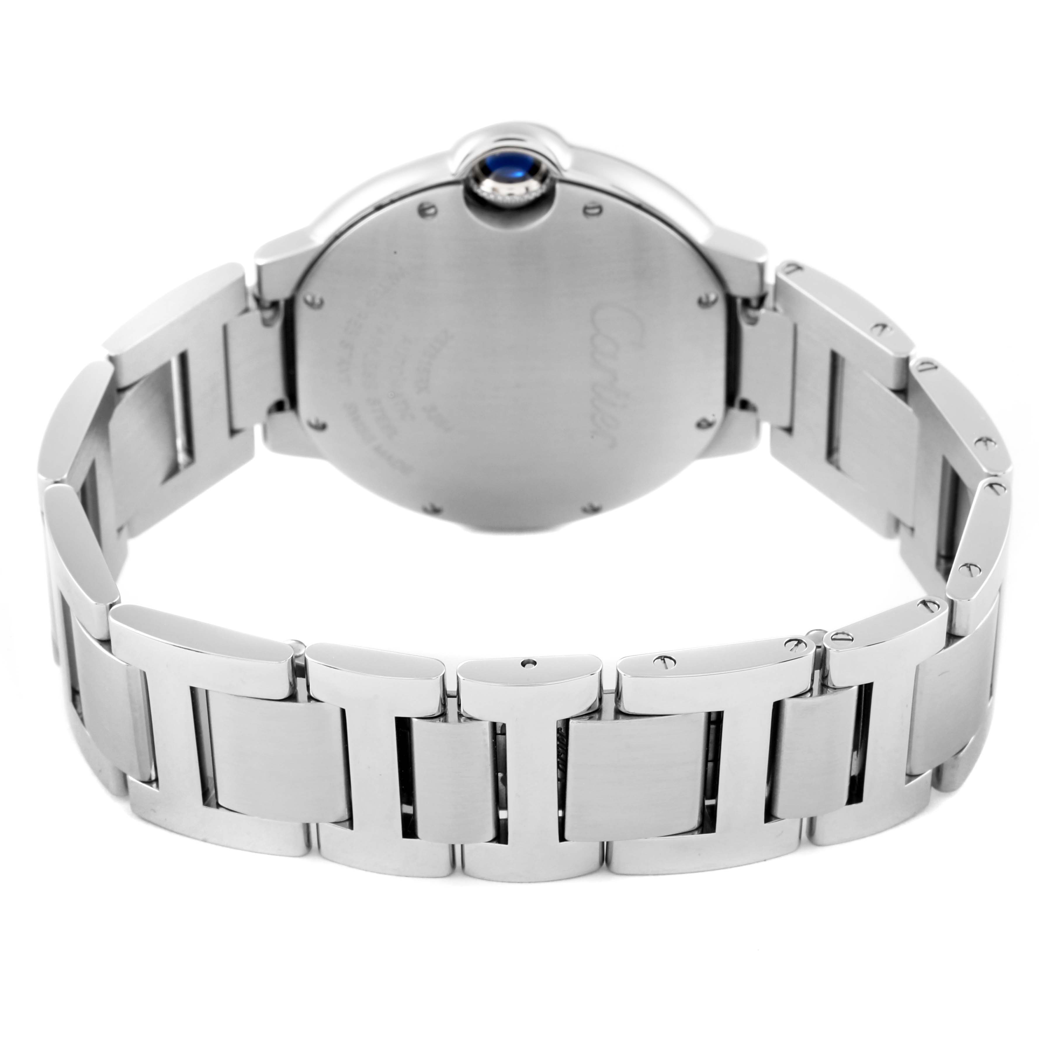 This image shows the back case and stainless steel bracelet of the Cartier Ballon Bleu W6920046 Women
s Stainless Steel Silver Dial W6920046 Women
s Stainless Steel Silver Dial watch.