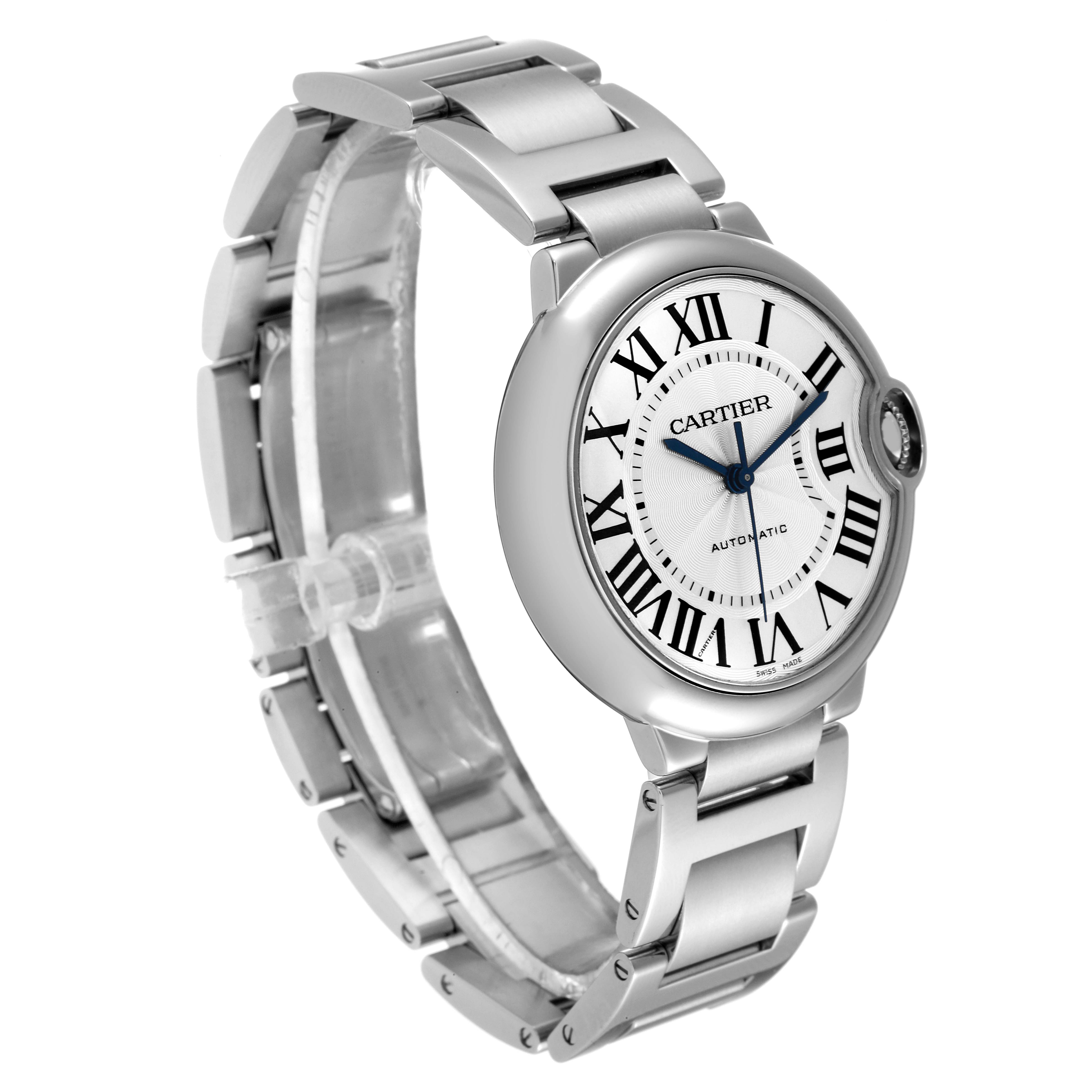 This image shows a side-angle of the Cartier Ballon Bleu W6920046 Women
s Stainless Steel Silver Dial W6920046 Women
s Stainless Steel Silver Dial watch, highlighting its face, bracelet, and Roman numeral detailing.