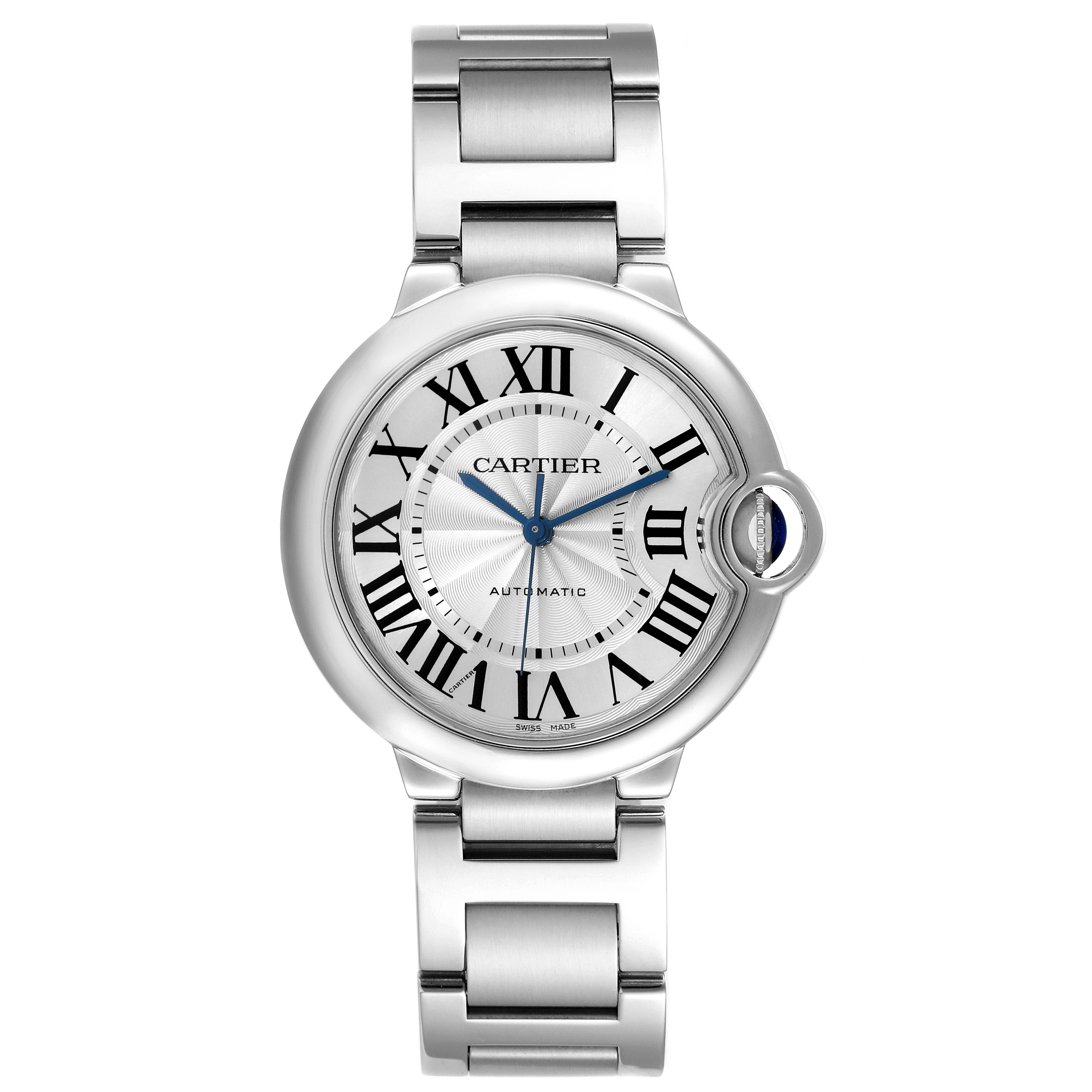 The image shows a front view of a Cartier Ballon Bleu W6920046 Women
s Stainless Steel Silver Dial W6920046 Women
s Stainless Steel Silver Dial watch, highlighting its face and metal strap.