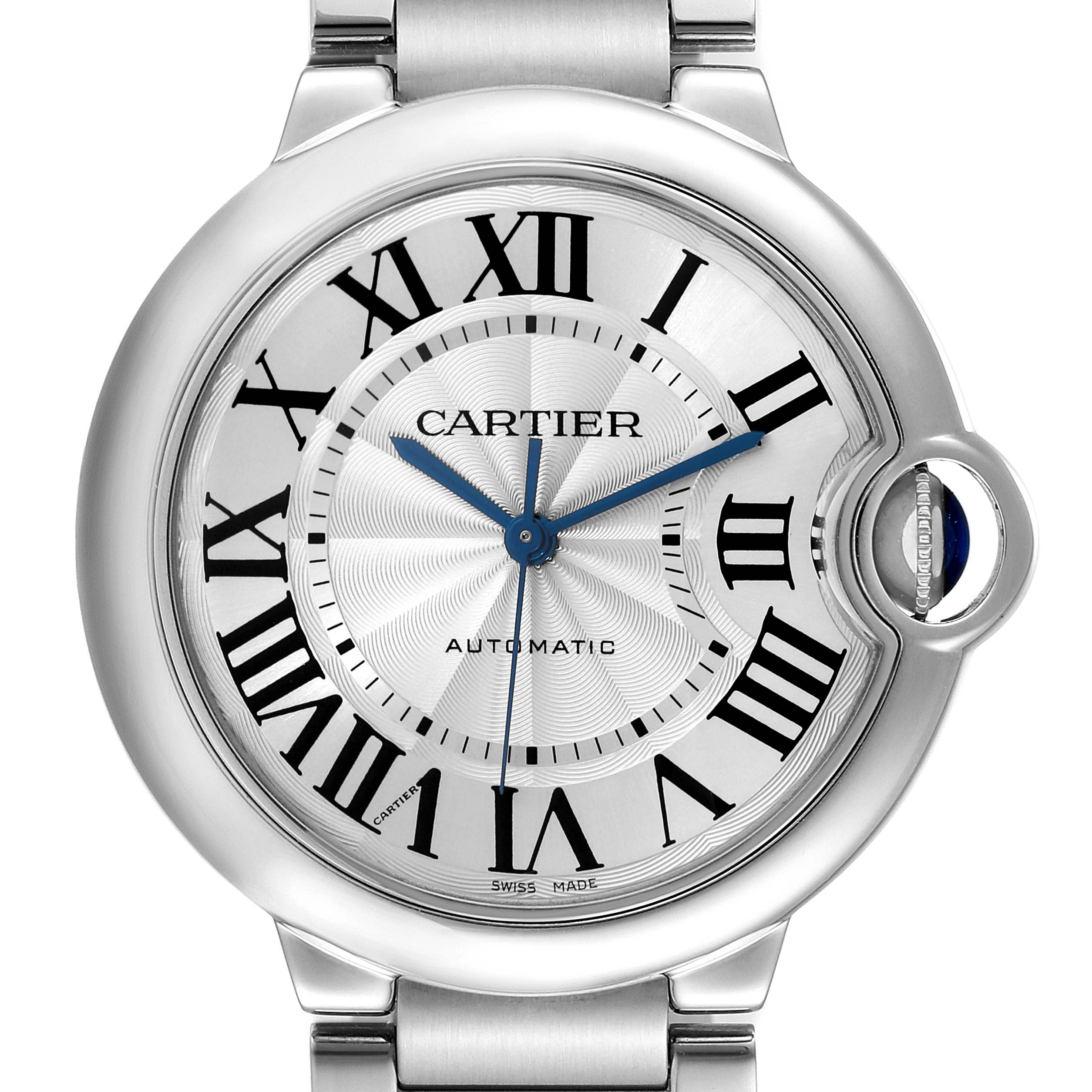 The image shows a close-up of the face and bezel of the Cartier Ballon Bleu W6920046 Women
s Stainless Steel Silver Dial W6920046 Women
s Stainless Steel Silver Dial watch with its Roman numerals and blue hands.