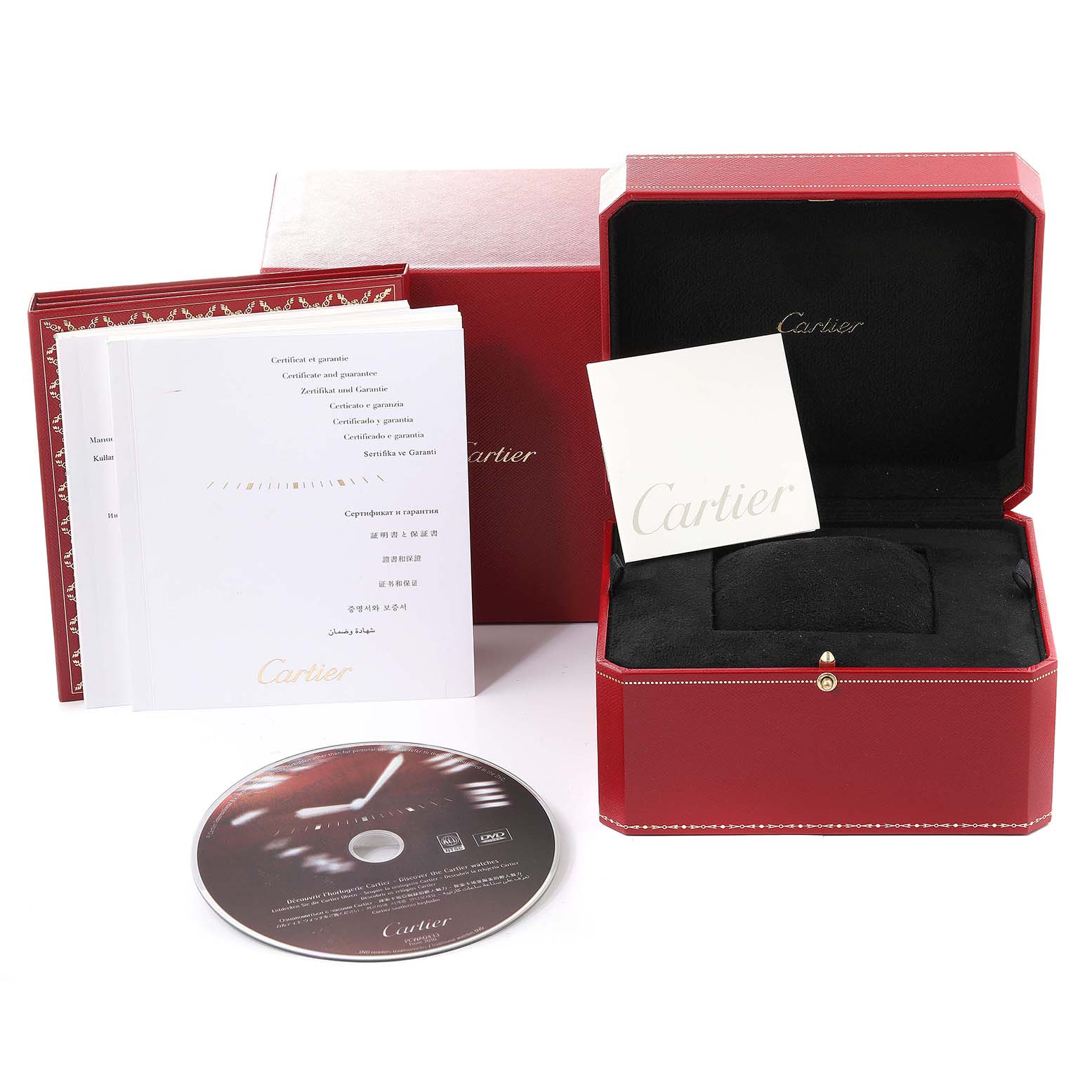 This image shows the packaging, warranty booklet, instructions, disc, and case for a Cartier Ballon Bleu W6920046 Women
s Stainless Steel Silver Dial W6920046 Women
s Stainless Steel Silver Dial watch.