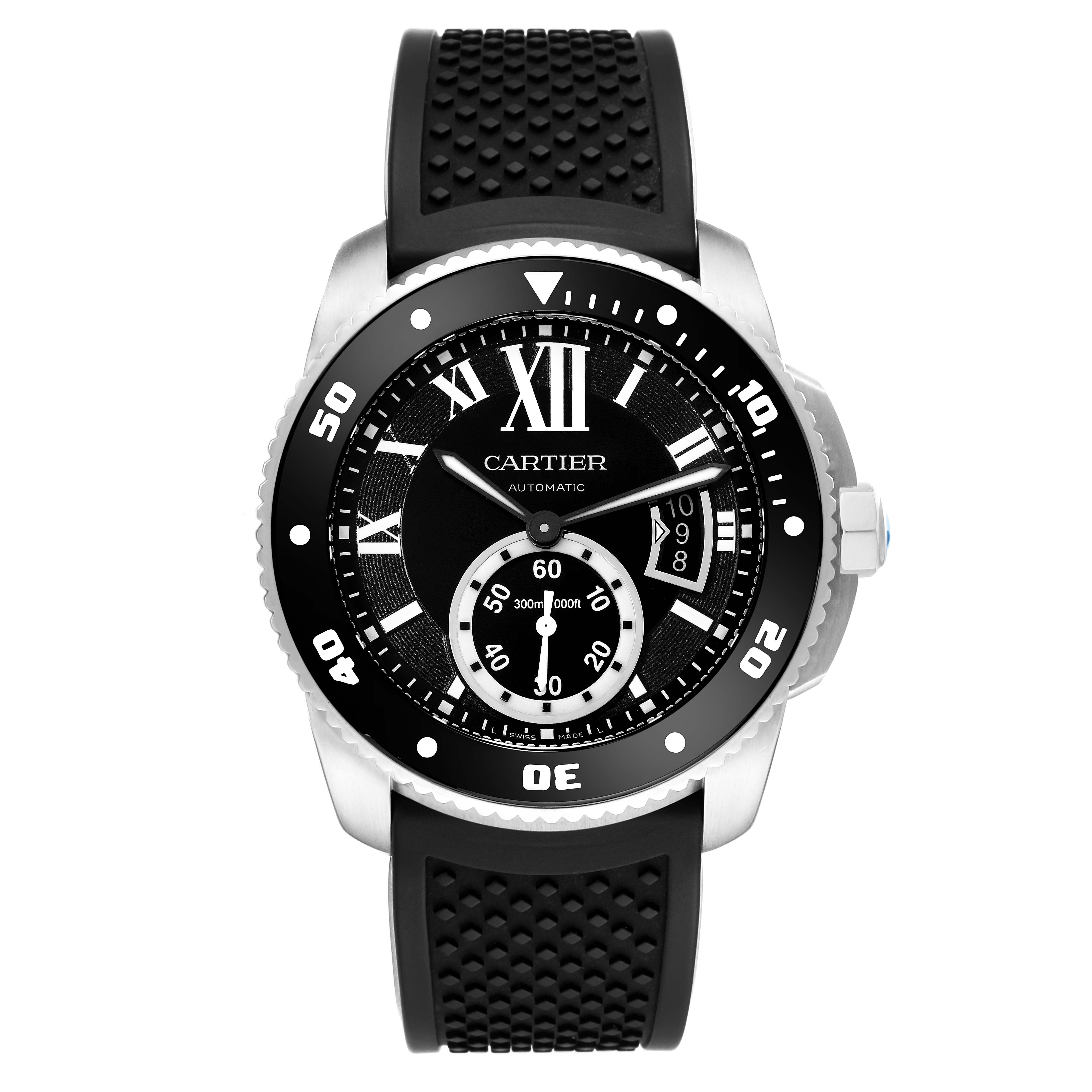 The Calibre de Cartier watch by Cartier is shown from a frontal angle, displaying its black dial, rubber strap, and silver casing.
