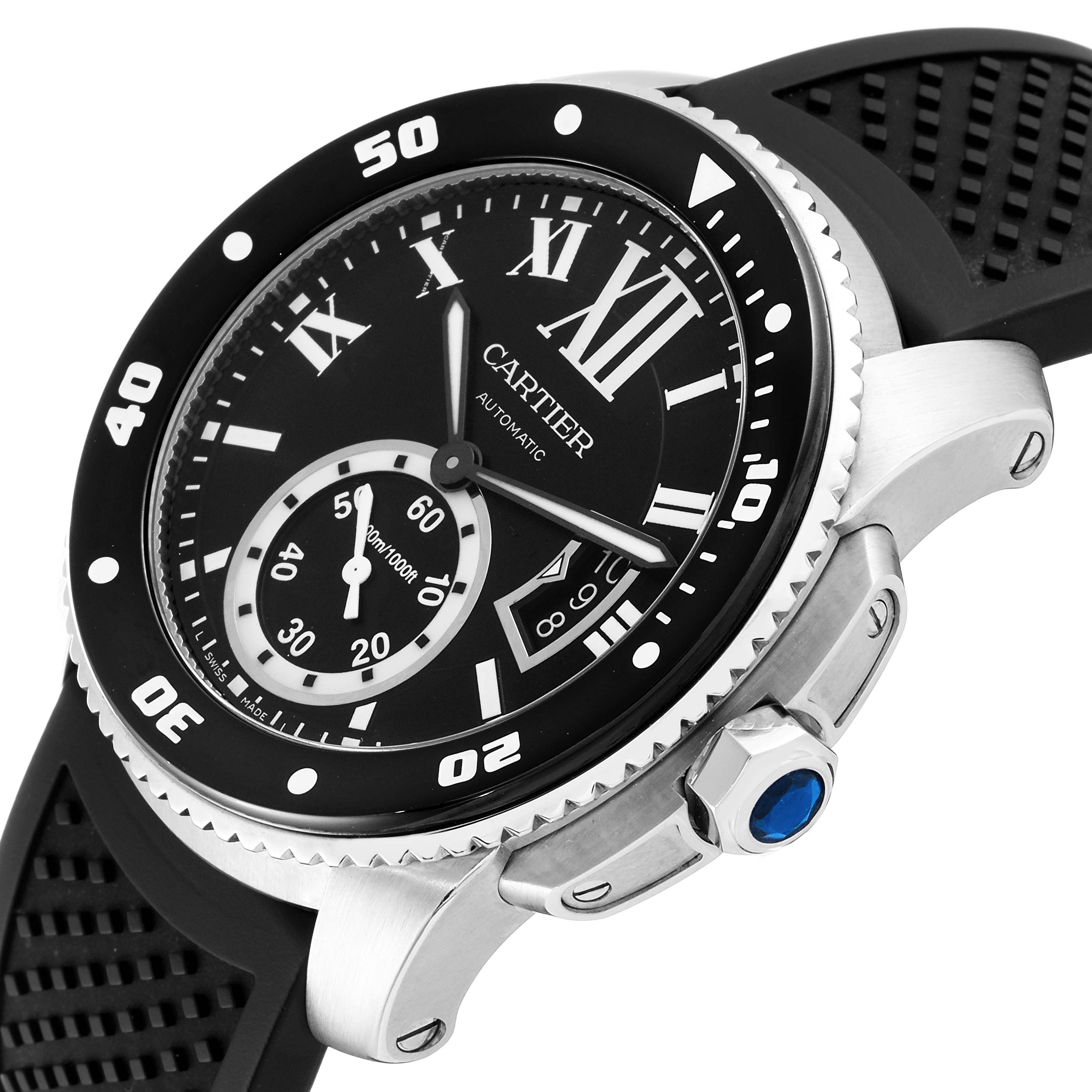 This image shows a Calibre de Cartier watch by Cartier at an angle that highlights the dial, bezel, crown, and part of the strap.