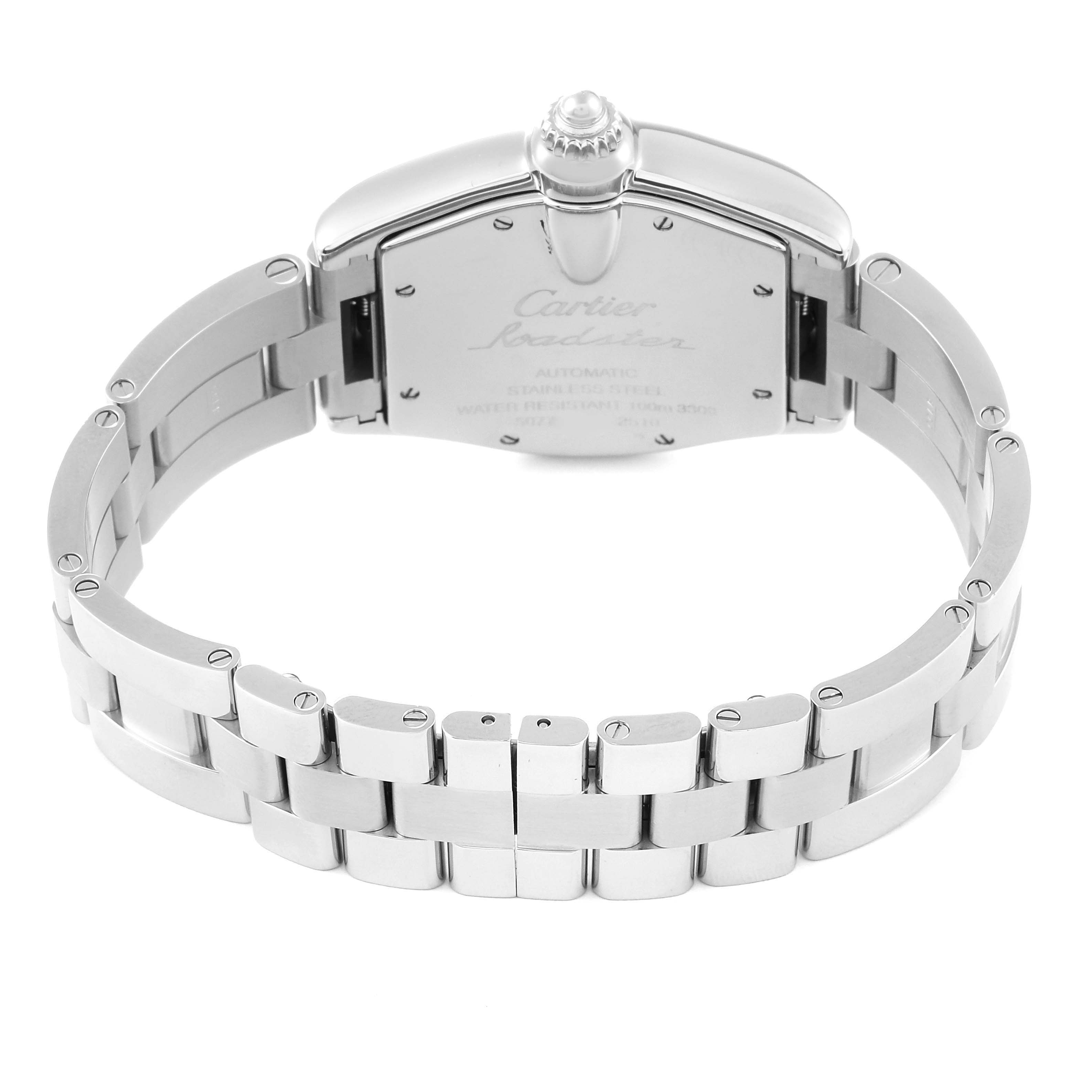 The image shows the back view of a Cartier Roadster W62025V3 Men's Stainless Steel Silver Dial W62025V3 Men's Stainless Steel Silver Dial watch, focusing on the stainless steel case and bracelet.