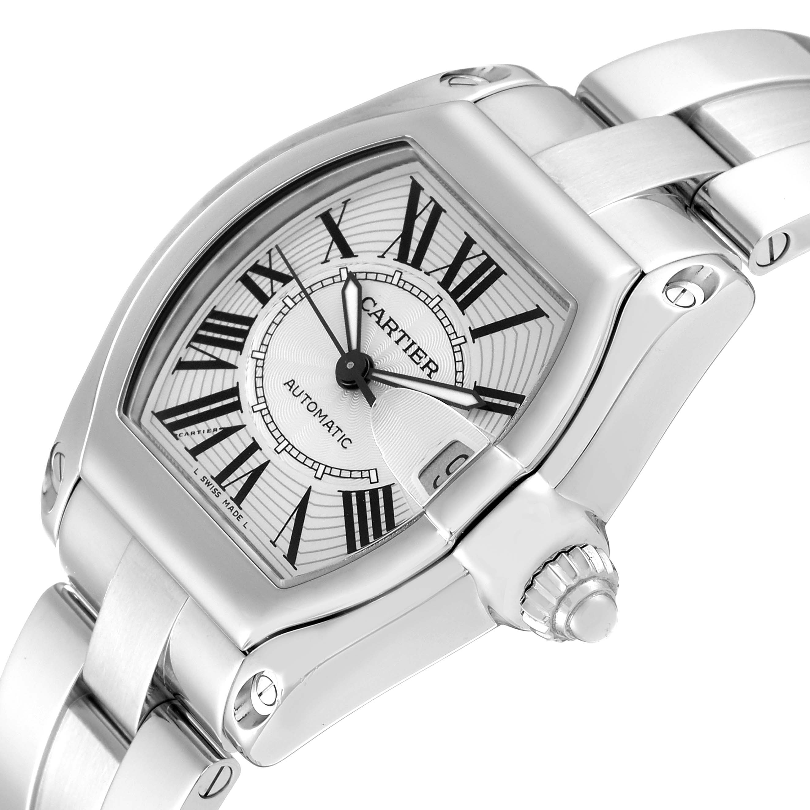 The image shows a close-up of the face and bracelet of a Cartier Roadster W62025V3 Men's Stainless Steel Silver Dial W62025V3 Men's Stainless Steel Silver Dial watch from a slightly angled perspective.