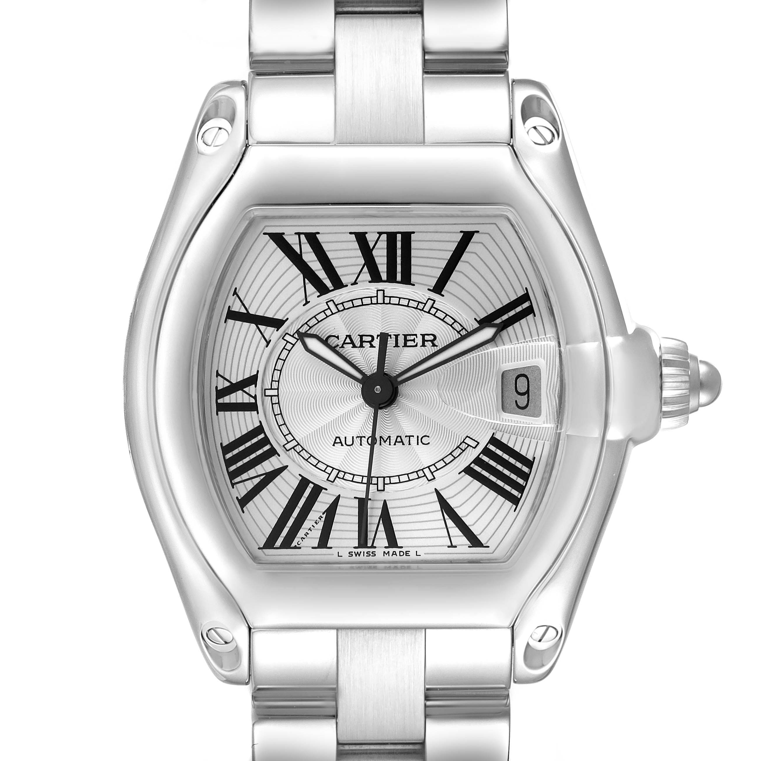 The image shows a frontal view of a Cartier Roadster W62025V3 Men's Stainless Steel Silver Dial W62025V3 Men's Stainless Steel Silver Dial watch, highlighting its face, bracelet, and crown.