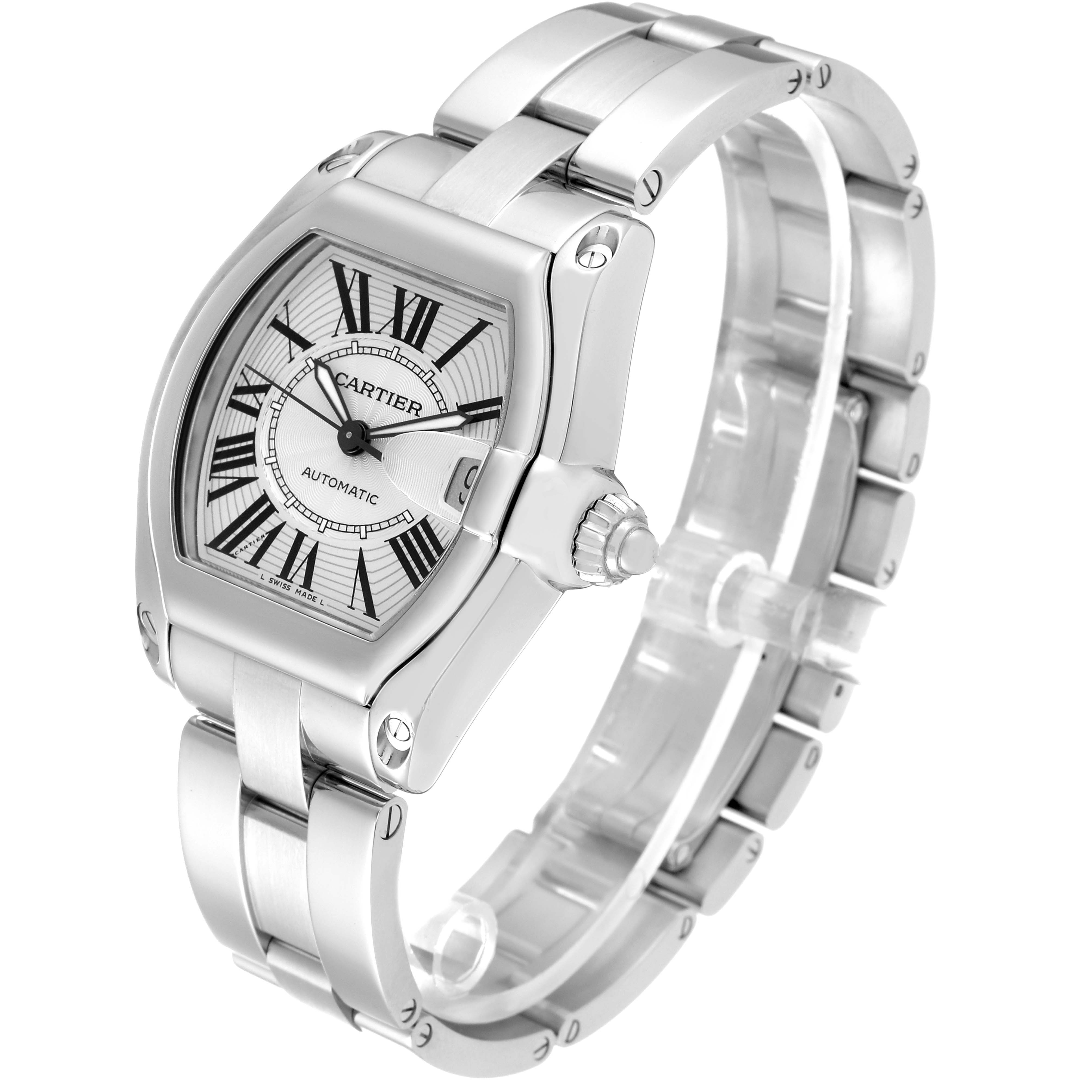 The image shows a Cartier Roadster W62025V3 Men's Stainless Steel Silver Dial W62025V3 Men's Stainless Steel Silver Dial watch angled slightly to display the dial, crown, and metal bracelet.