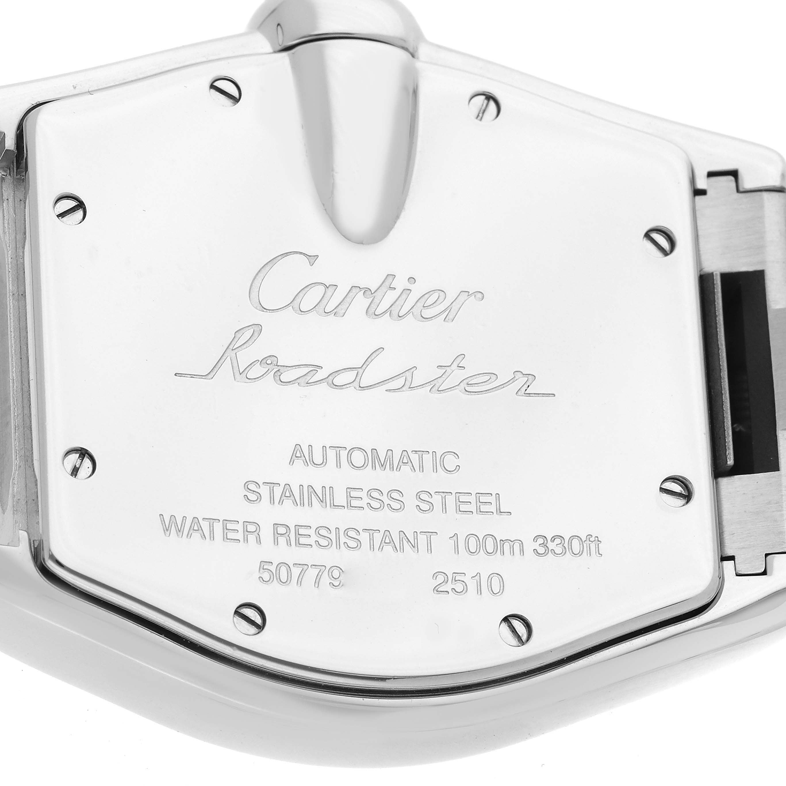 The image shows the backside of a Cartier Roadster W62025V3 Men's Stainless Steel Silver Dial W62025V3 Men's Stainless Steel Silver Dial watch, highlighting the model, material, and water resistance.