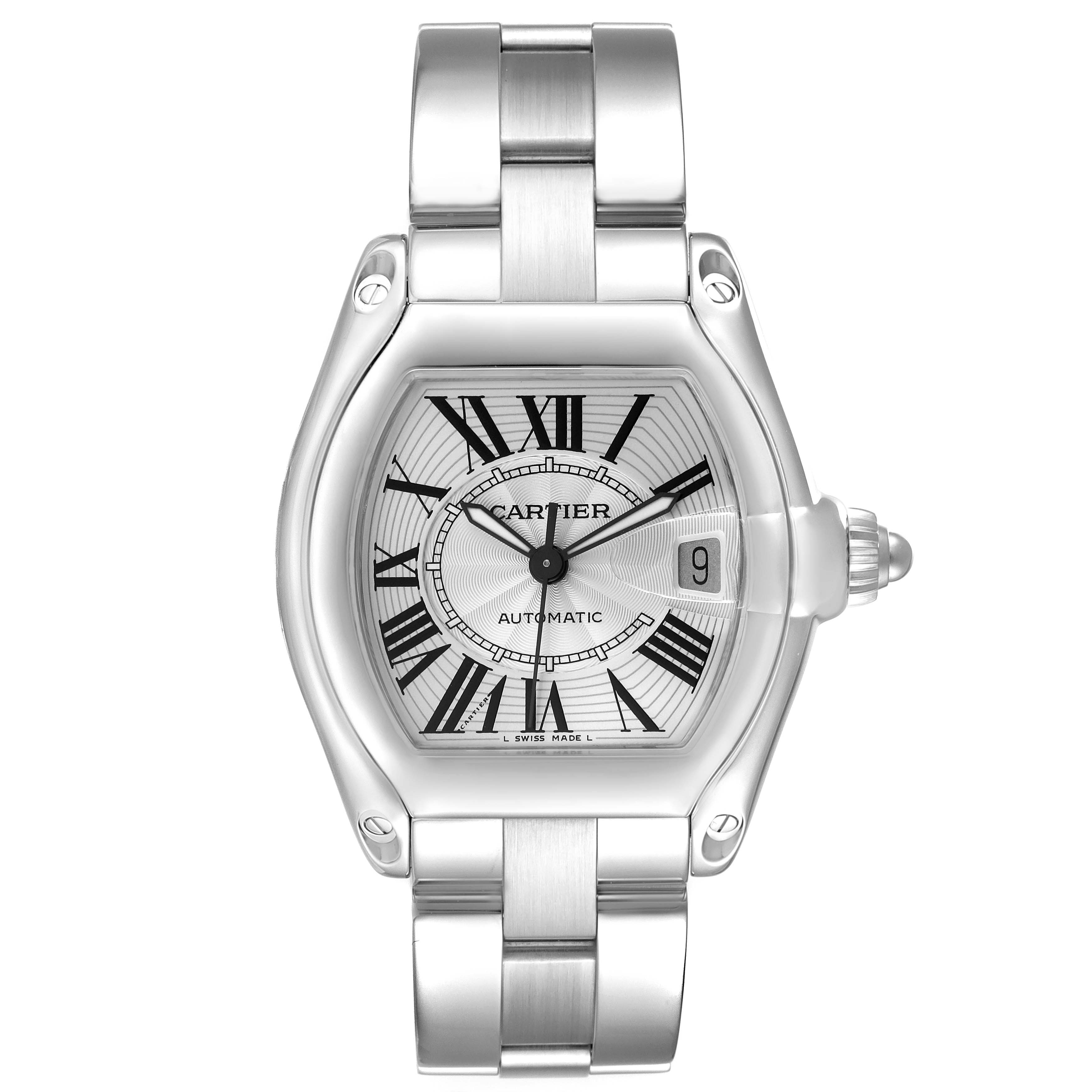 The image shows a front view of the Cartier Roadster W62025V3 Men's Stainless Steel Silver Dial W62025V3 Men's Stainless Steel Silver Dial model watch, highlighting the face, bezel, and bracelet.