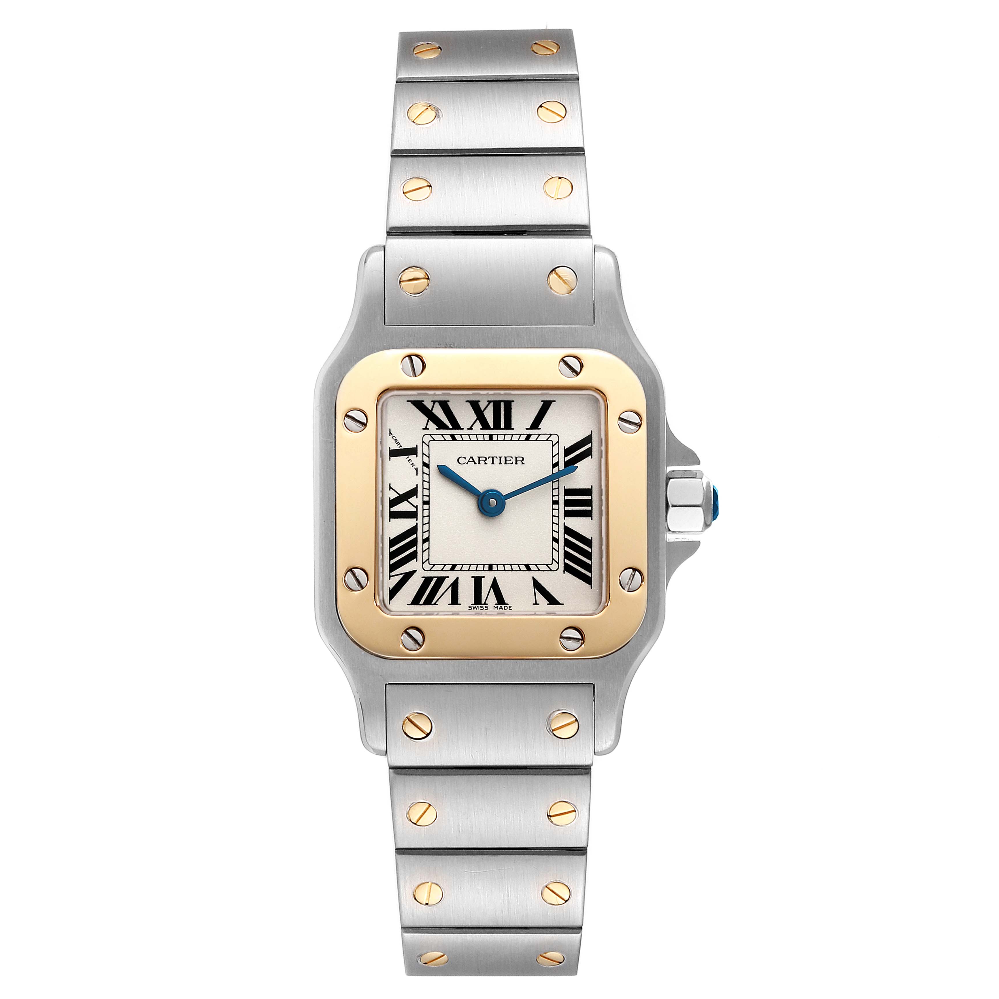This image shows a front view of the Cartier Santos W20012C4 Women's Steel and Gold (two tone) Silver Dial W20012C4 Women's Steel and Gold (two tone) Silver Dial model, featuring its face, bezel, and partially the bracelet.