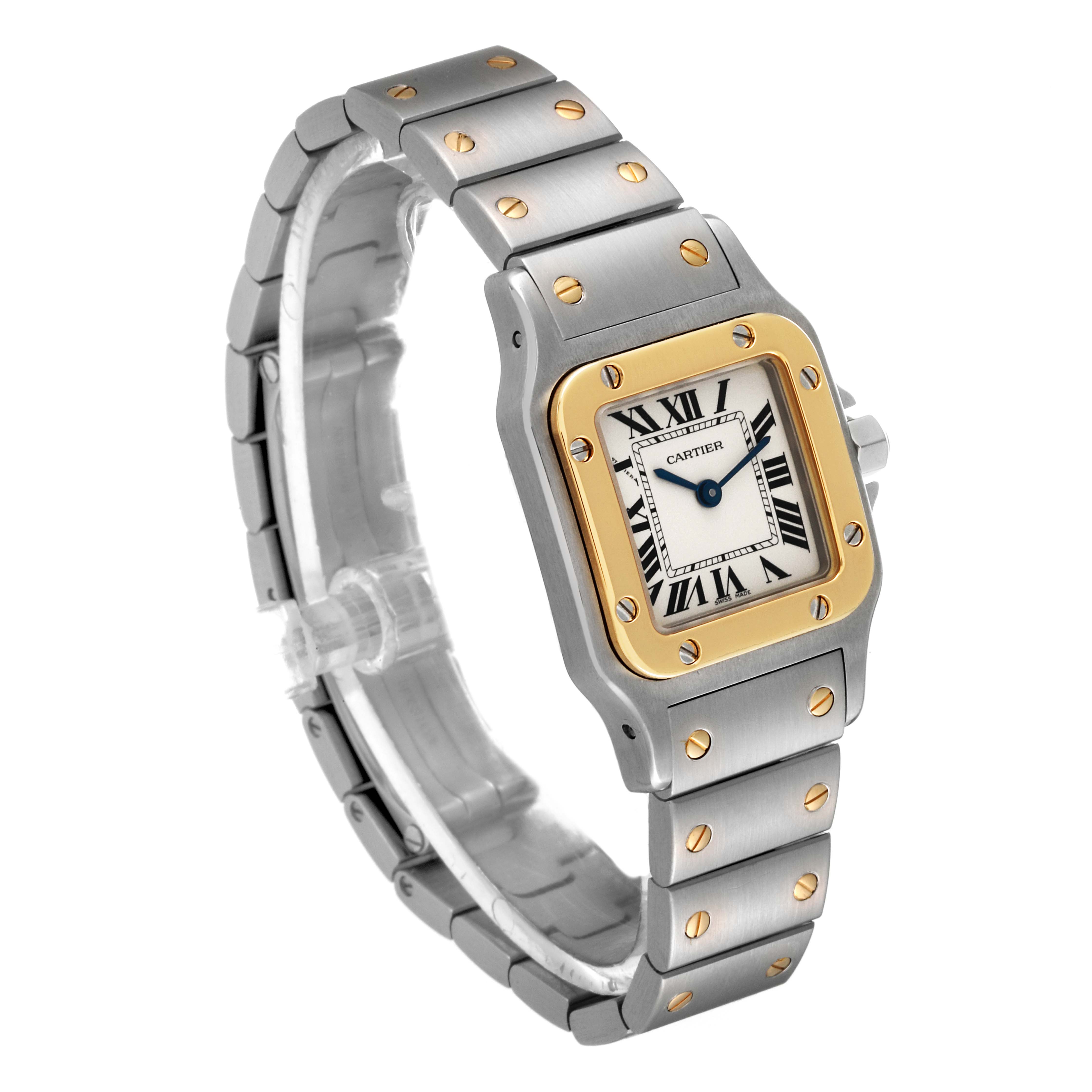 This Cartier Santos W20012C4 Women's Steel and Gold (two tone) Silver Dial W20012C4 Women's Steel and Gold (two tone) Silver Dial watch is displayed at a slight angle, showing the front face, bezel, and metal bracelet.