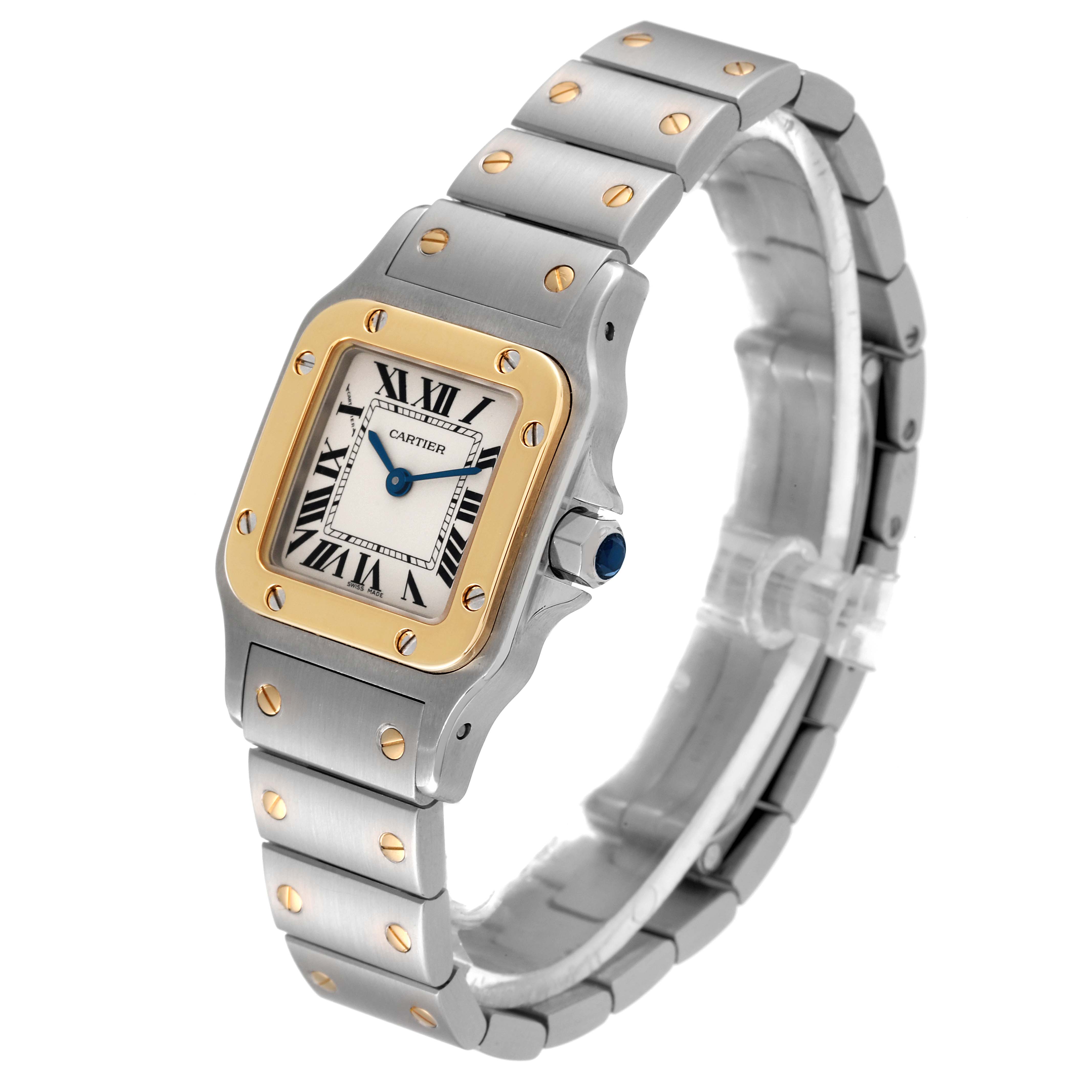 This image shows the Santos model by Cartier from a three-quarter angle, highlighting the face, bezel, and bracelet.