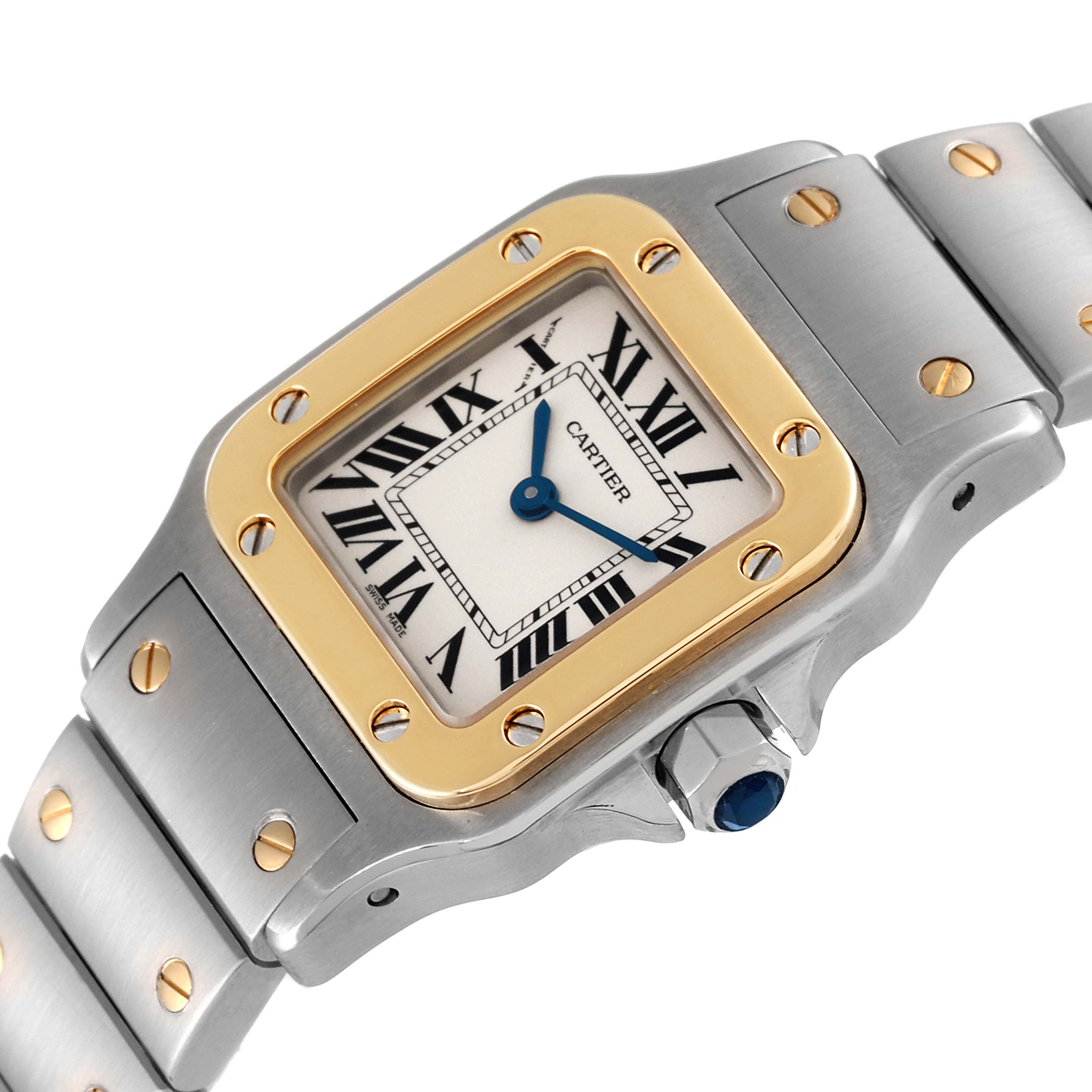 This image shows a Santos de Cartier watch at a tilted angle, highlighting the face, bezel, crown, and part of the bracelet.