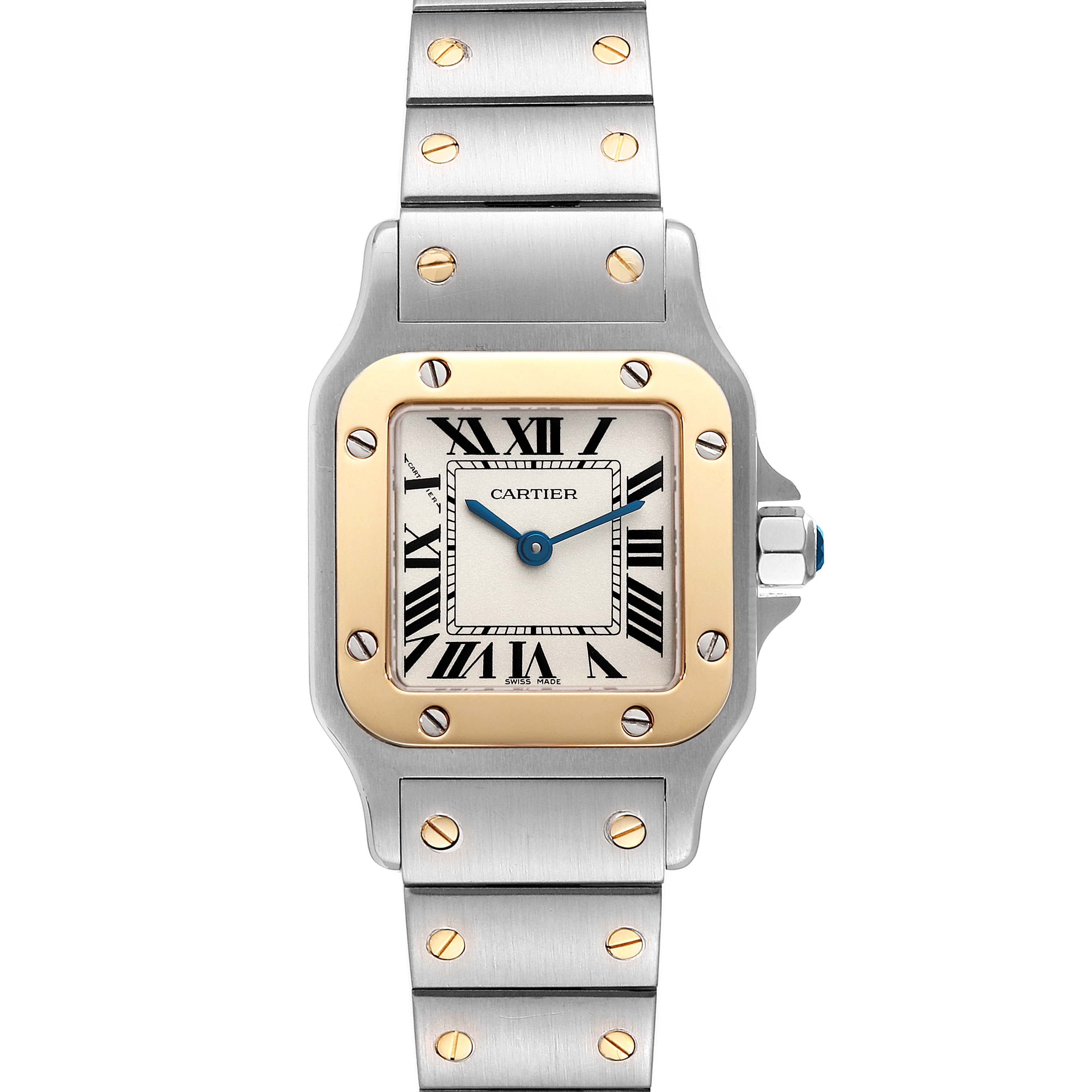 This image shows a front view of the Cartier Santos W20012C4 Women's Steel and Gold (two tone) Silver Dial W20012C4 Women's Steel and Gold (two tone) Silver Dial model watch, displaying the face, bezel, and bracelet.