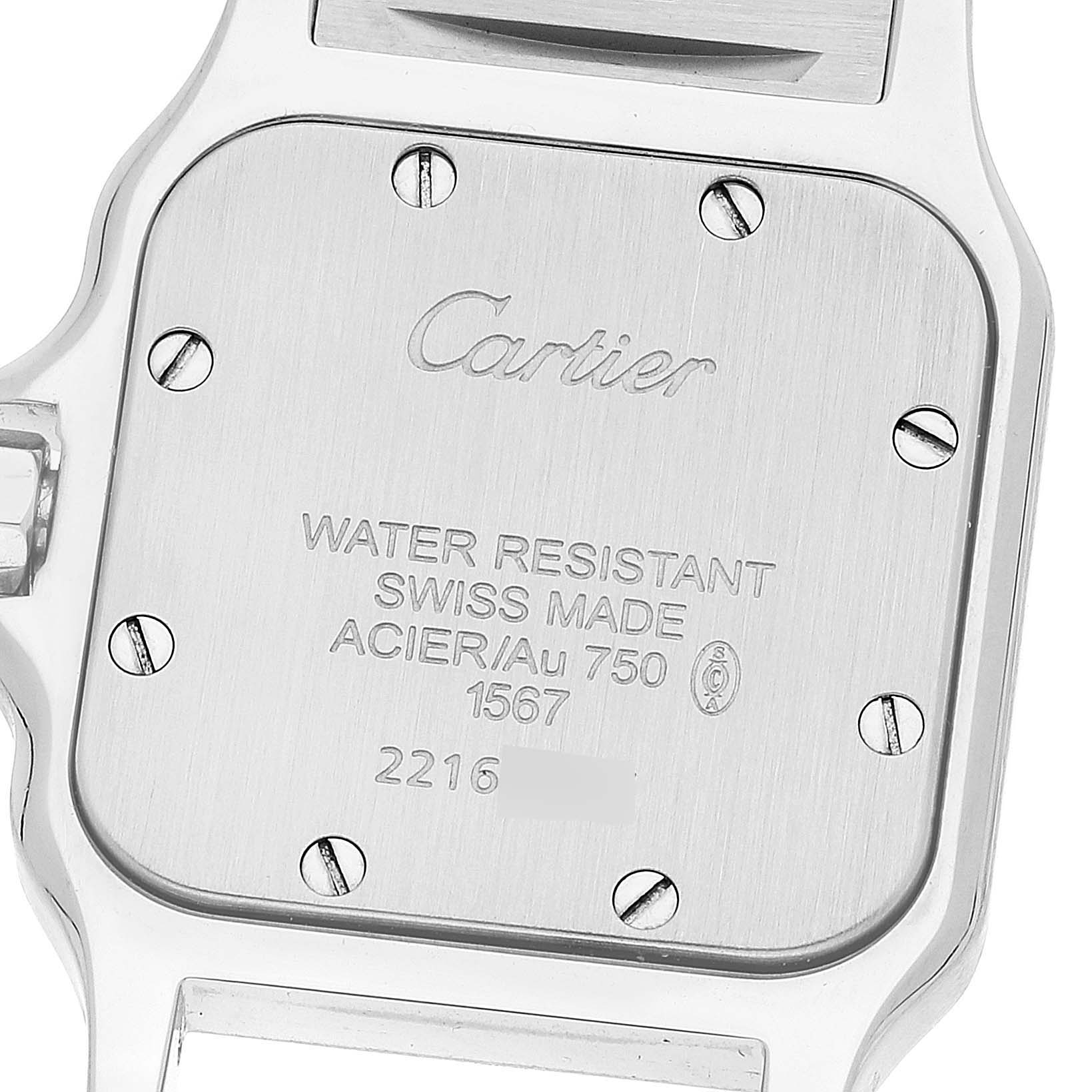 This image shows the back case of a Cartier Santos W20012C4 Women's Steel and Gold (two tone) Silver Dial W20012C4 Women's Steel and Gold (two tone) Silver Dial watch, including the brand engraving and other specifications.