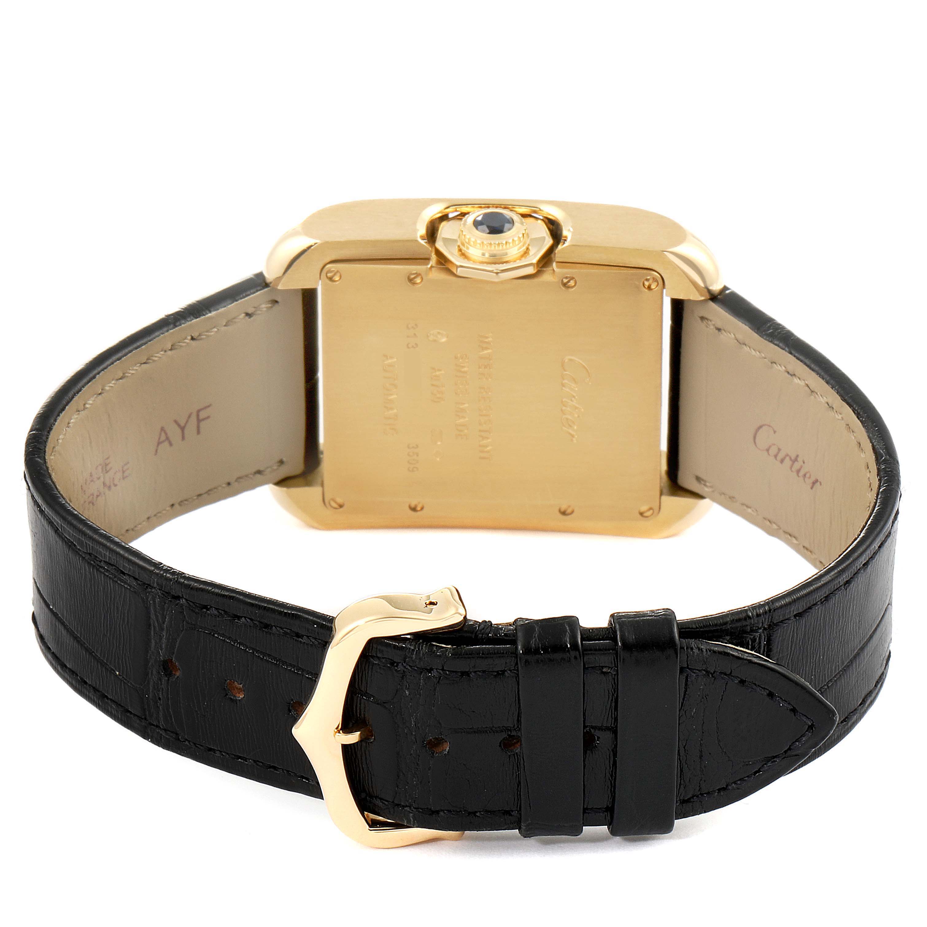 The image shows the back and buckle of a Cartier Tank Anglaise W5310030 Men's Yellow Gold Silver Dial W5310030 Men's Yellow Gold Silver Dial watch, highlighting its leather strap and case back.