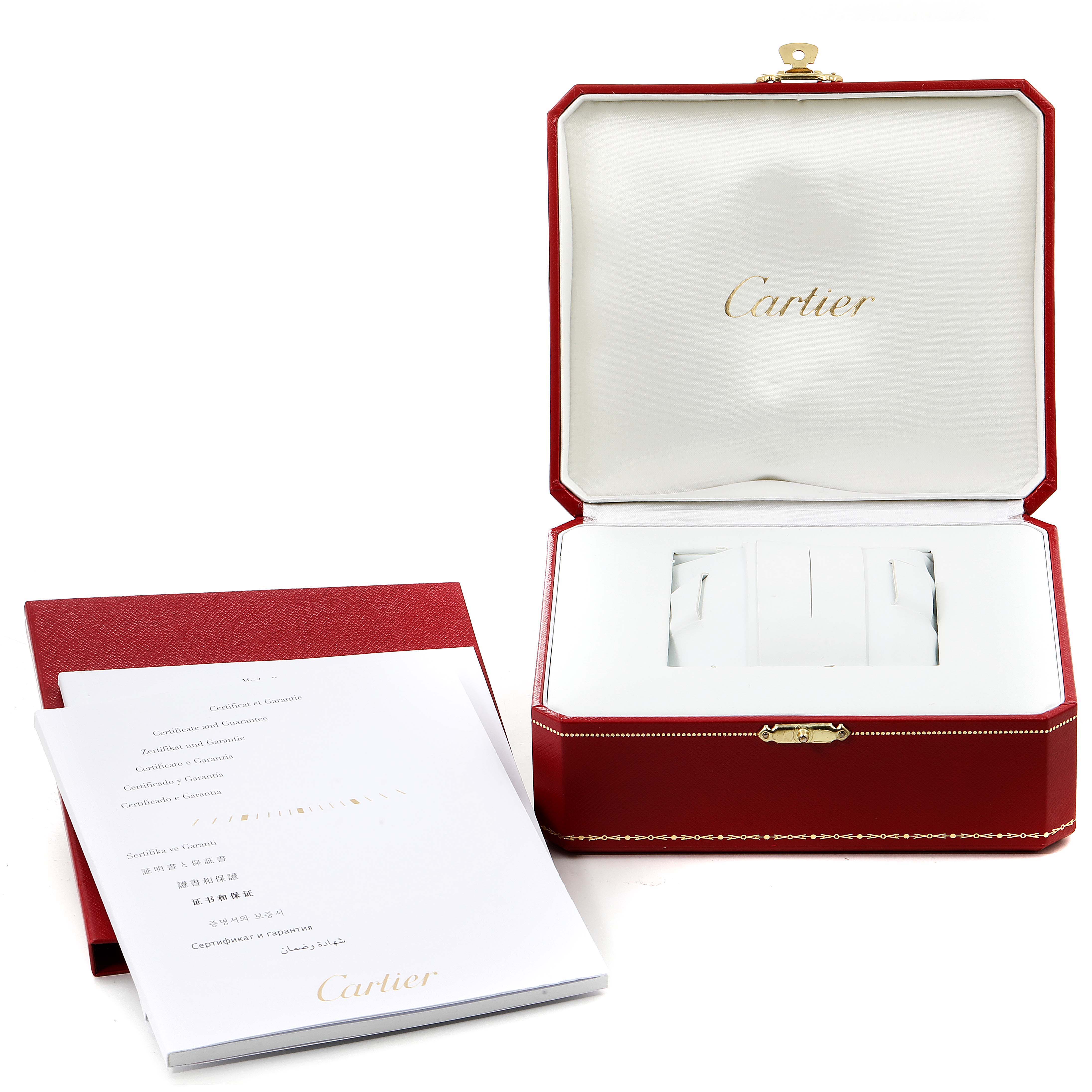 The image shows an opened Cartier Tank Anglaise W5310030 Men's Yellow Gold Silver Dial W5310030 Men's Yellow Gold Silver Dial watch box and accompanying booklet.