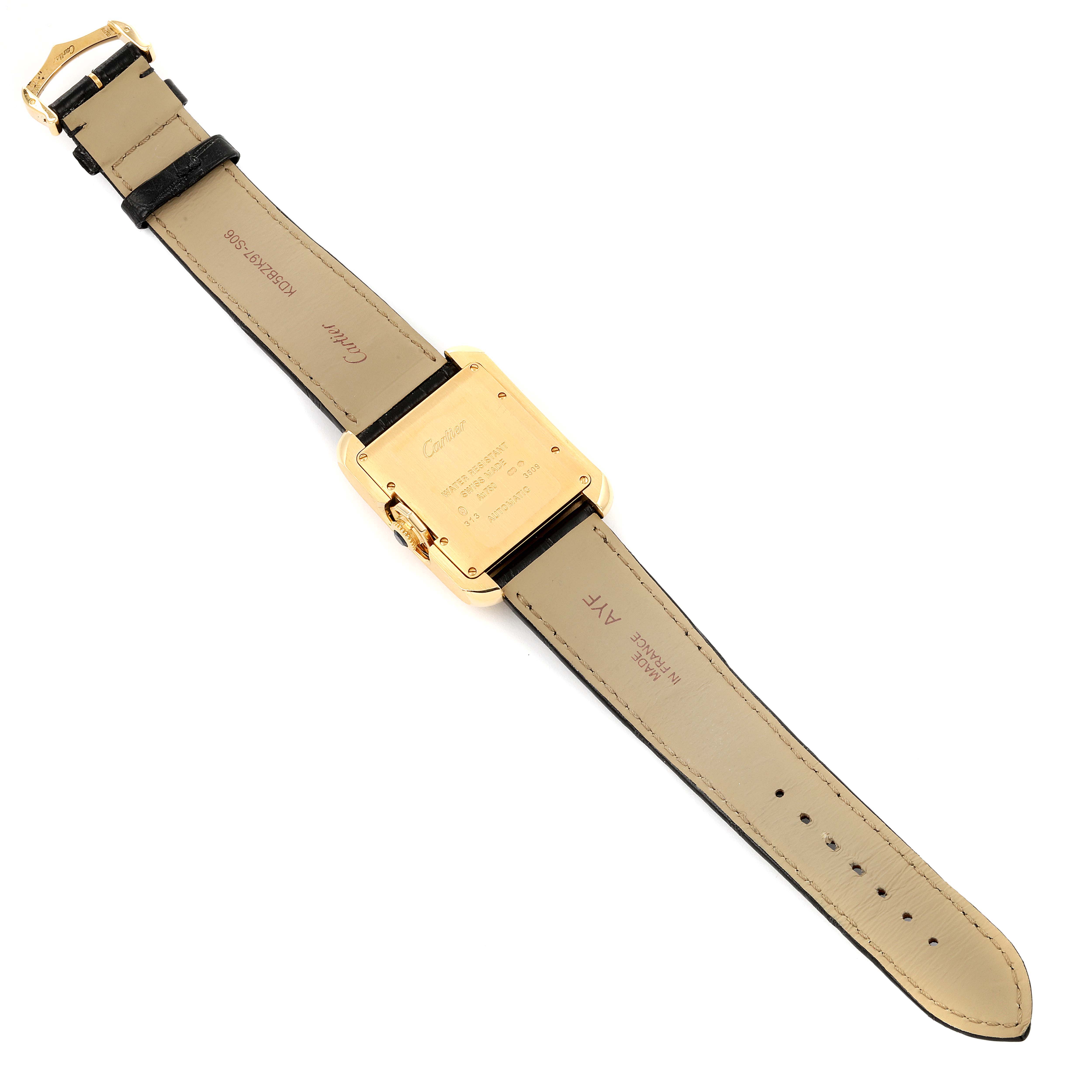 The image shows the back view of a Cartier Tank Anglaise W5310030 Men's Yellow Gold Silver Dial W5310030 Men's Yellow Gold Silver Dial watch, highlighting its case back and leather strap.