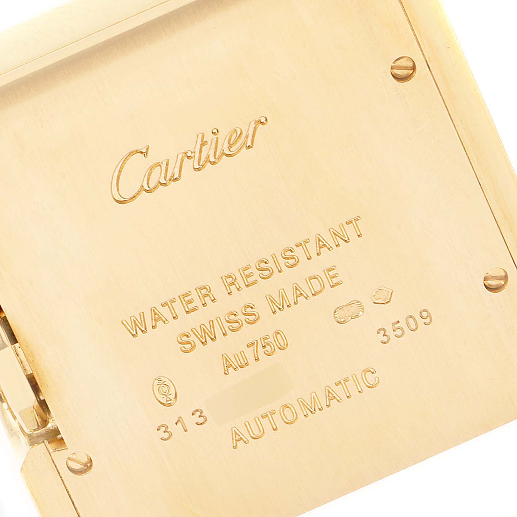 The image shows the engraved back of a Cartier Tank Anglaise W5310030 Men's Yellow Gold Silver Dial W5310030 Men's Yellow Gold Silver Dial watch, highlighting its brand, model, and specifications.