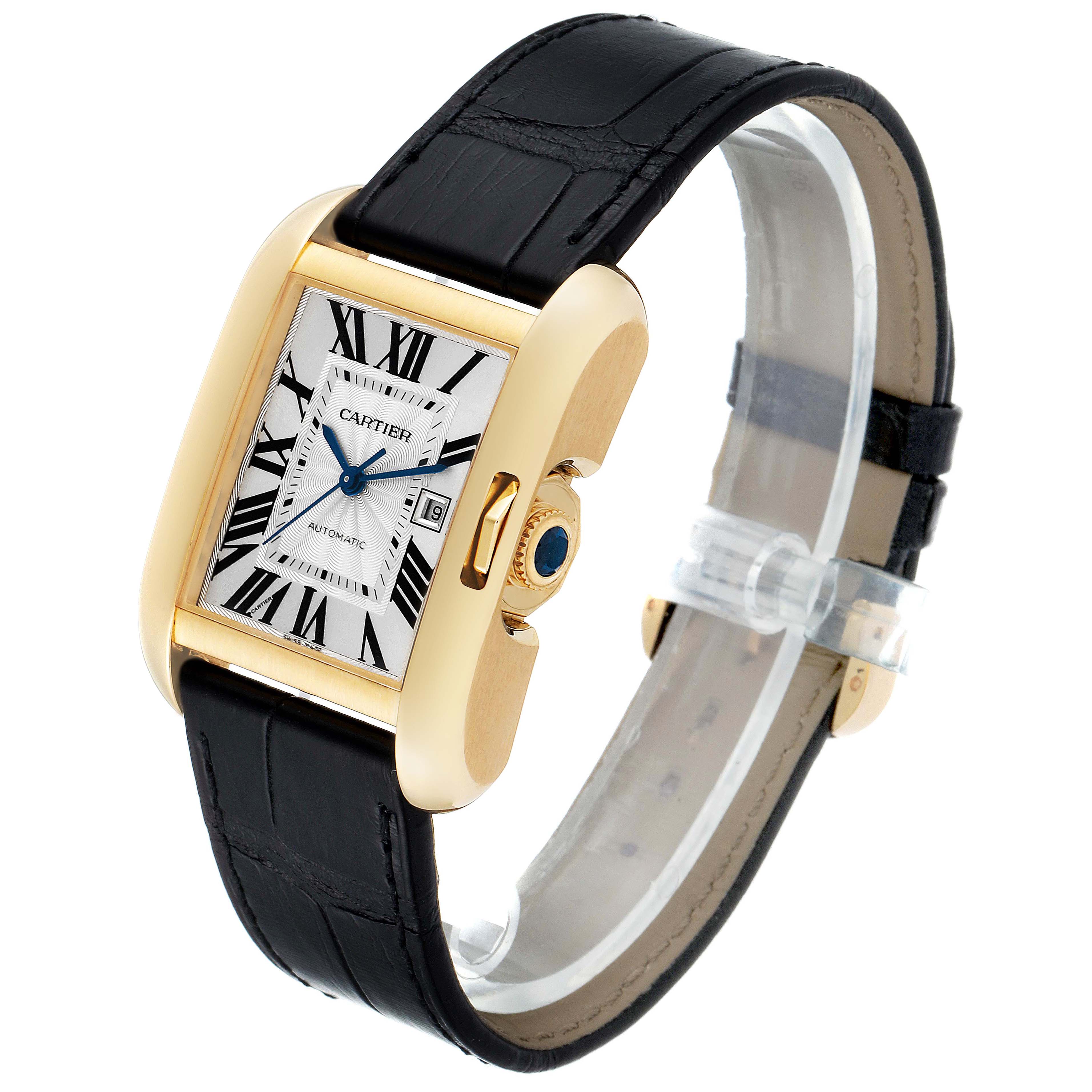 The image shows a Cartier Tank Anglaise W5310030 Men's Yellow Gold Silver Dial W5310030 Men's Yellow Gold Silver Dial watch at a three-quarter angle, highlighting the gold case, black leather strap, and silver dial with Roman numerals.