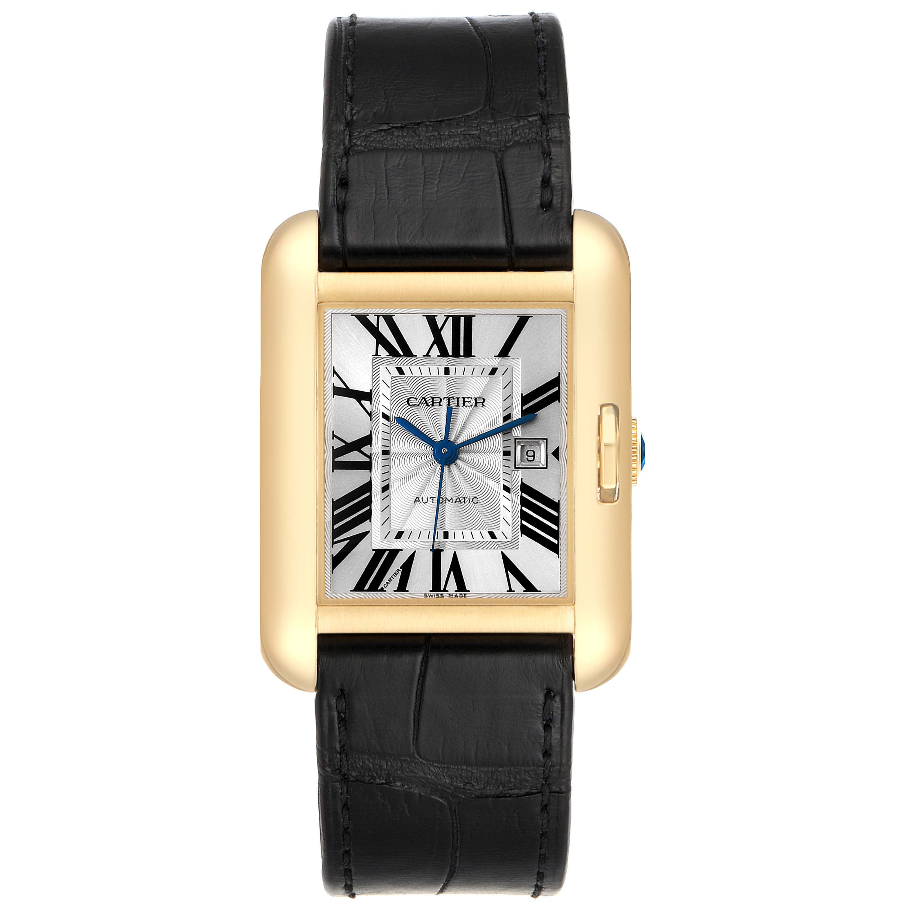 The image shows the front view of a Cartier Tank Anglaise W5310030 Men's Yellow Gold Silver Dial W5310030 Men's Yellow Gold Silver Dial watch, displaying the face, hands, hour markers, and leather strap.