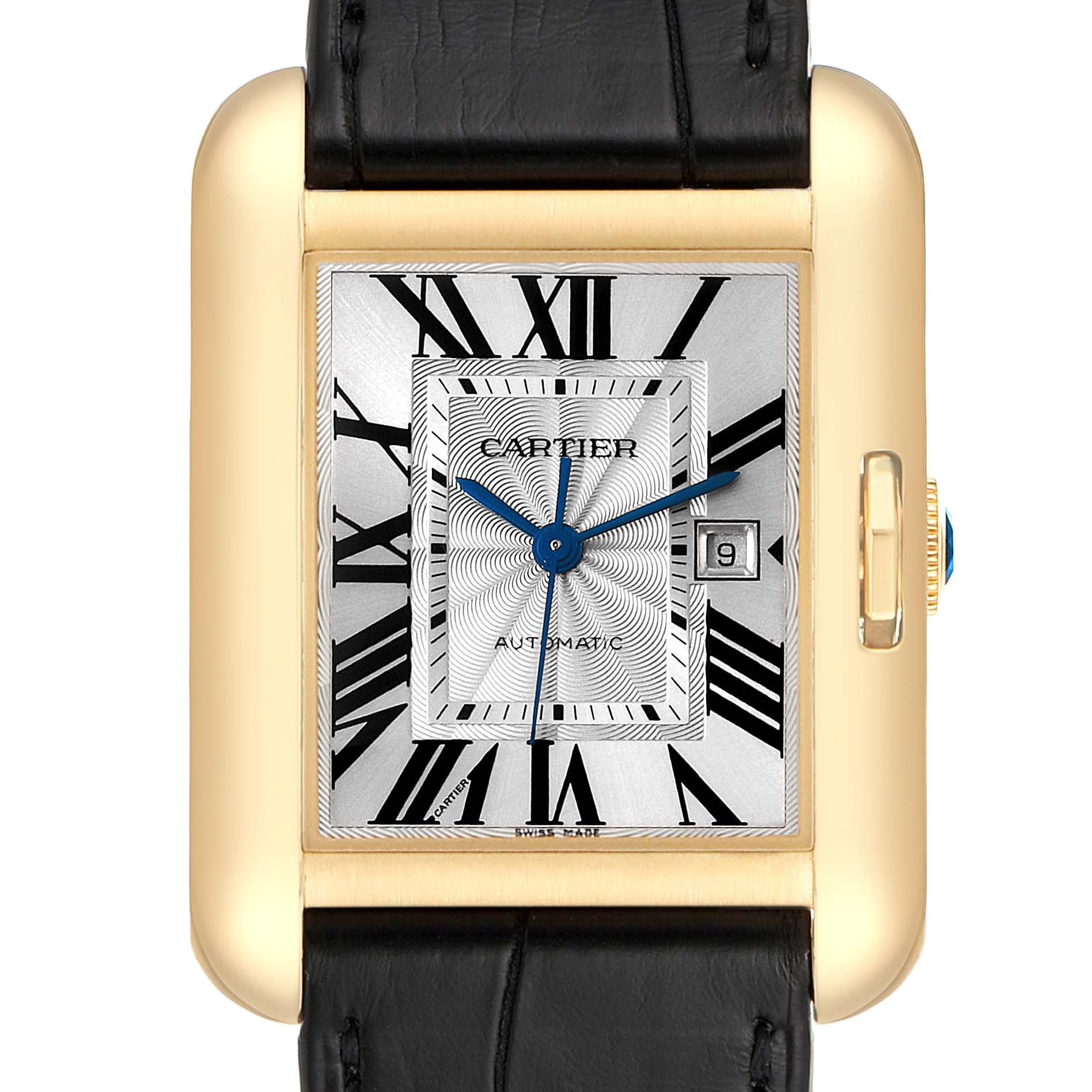 This image shows a front view of the Cartier Tank Anglaise W5310030 Men's Yellow Gold Silver Dial W5310030 Men's Yellow Gold Silver Dial watch, featuring its rectangular dial, Roman numerals, and date window.