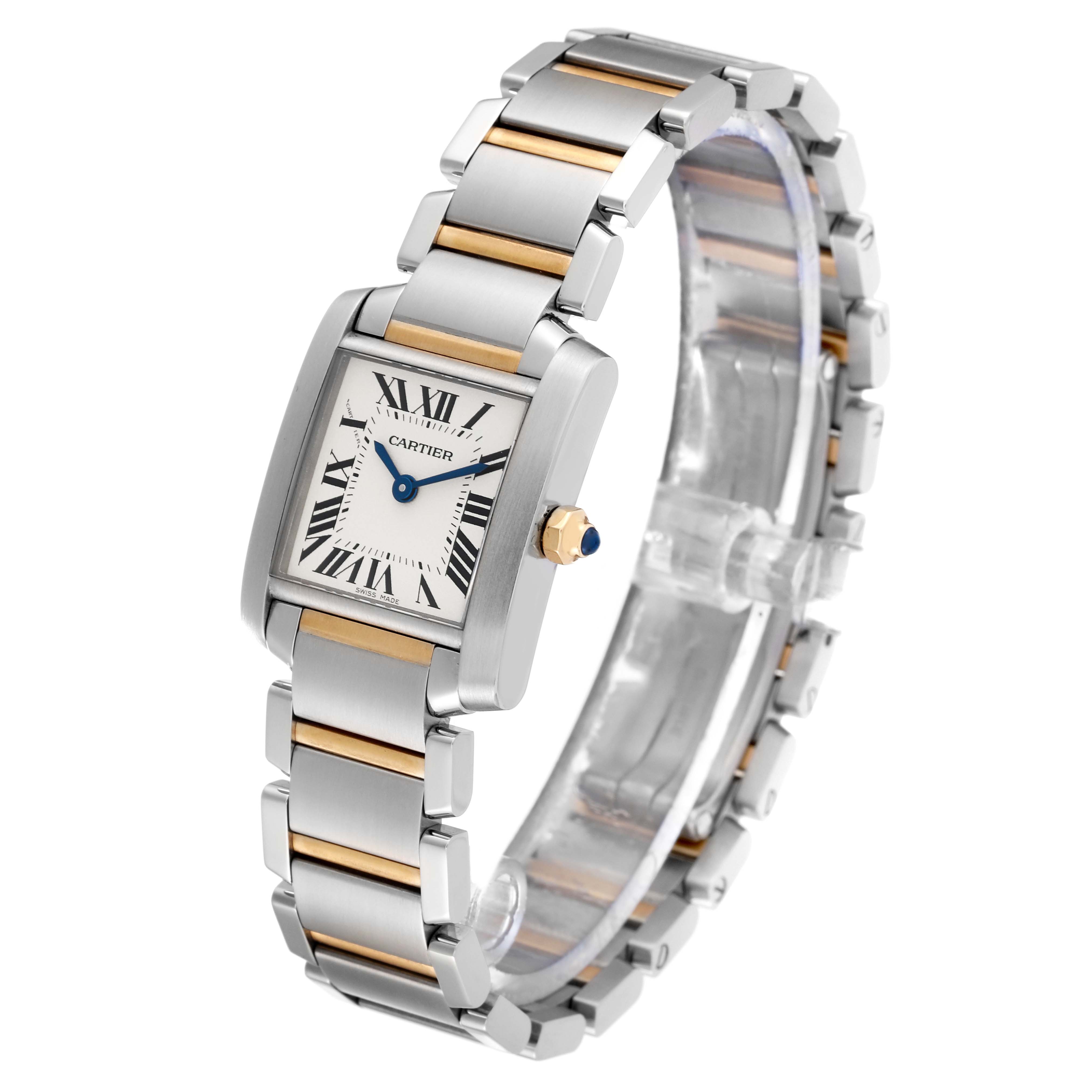 The Cartier Tank Francaise W51007Q4 Women's Steel and Gold (two tone) Silver Dial W51007Q4 Women's Steel and Gold (two tone) Silver Dial watch is shown from an angle displaying the face, case, and part of the bracelet.