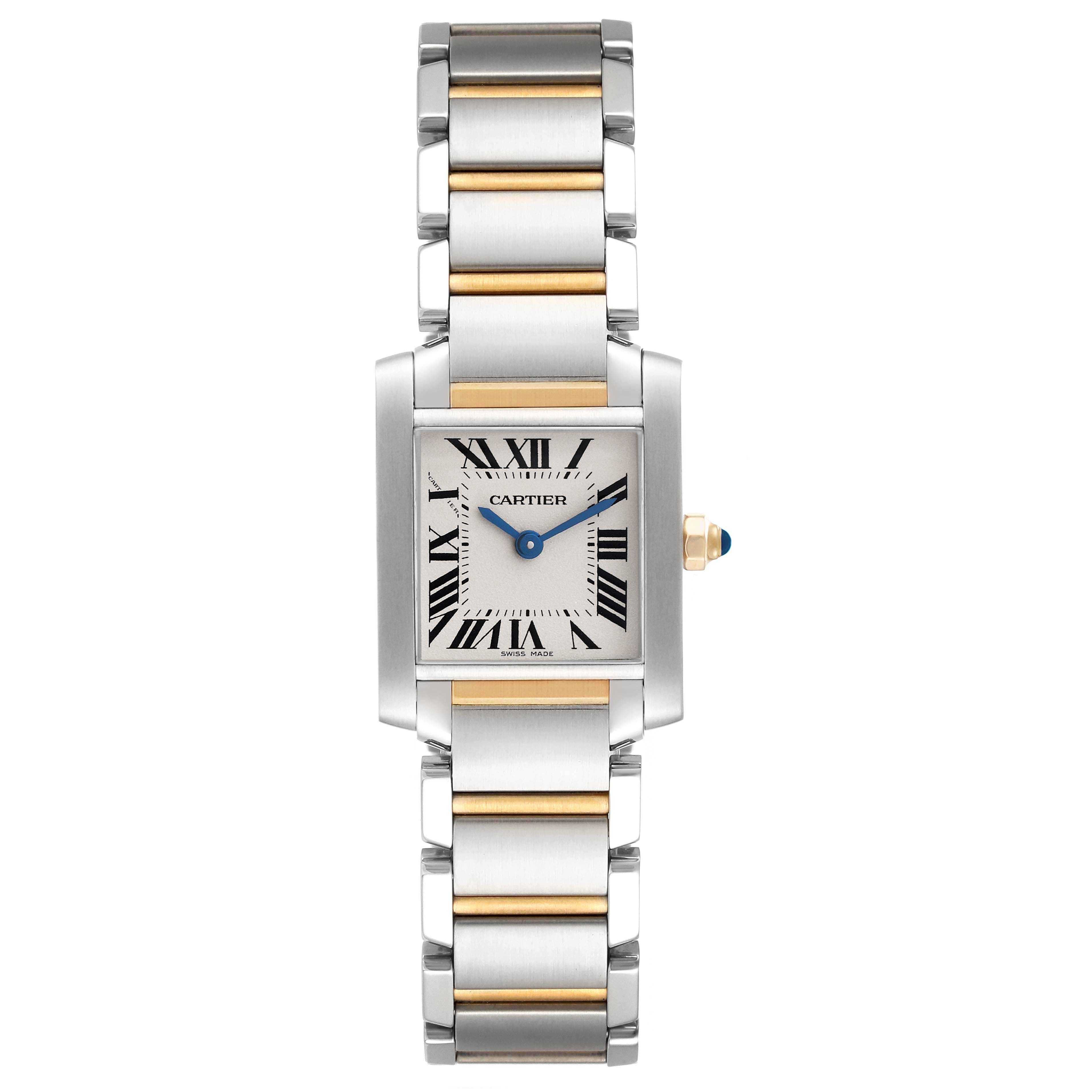 The image shows a front view of a Cartier Tank Francaise W51007Q4 Women's Steel and Gold (two tone) Silver Dial W51007Q4 Women's Steel and Gold (two tone) Silver Dial watch featuring a rectangular face and metal bracelet with gold accents.