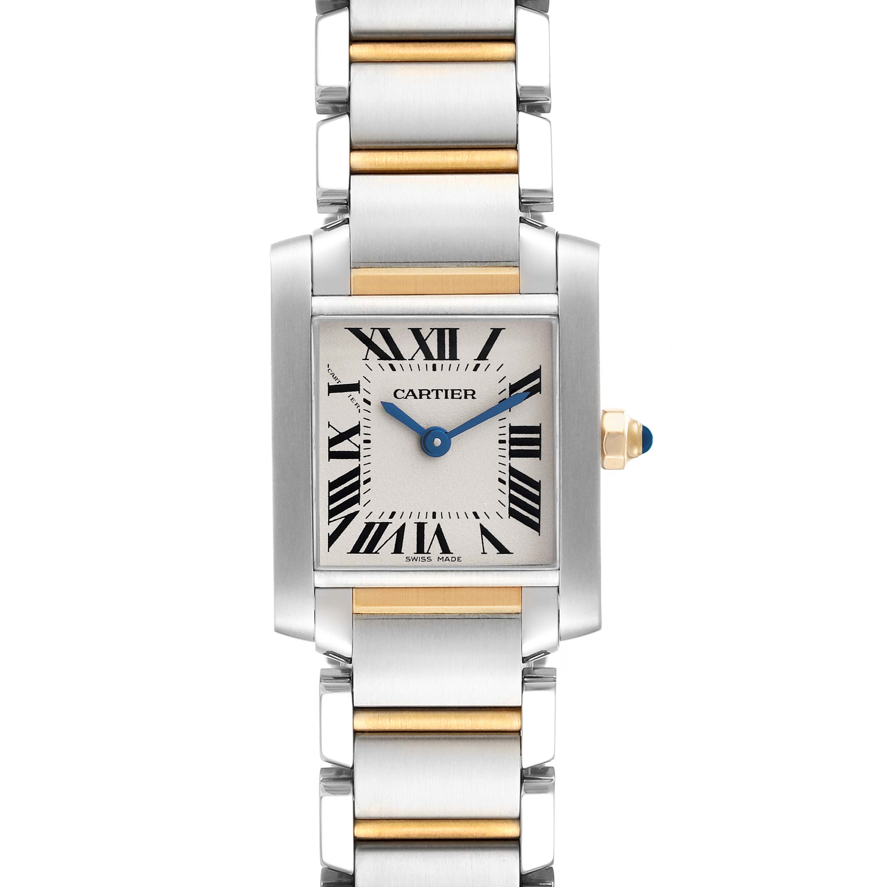 The image shows a front view of the Cartier Tank Francaise W51007Q4 Women's Steel and Gold (two tone) Silver Dial W51007Q4 Women's Steel and Gold (two tone) Silver Dial watch, displaying its face, blue hands, and two-tone metal bracelet.