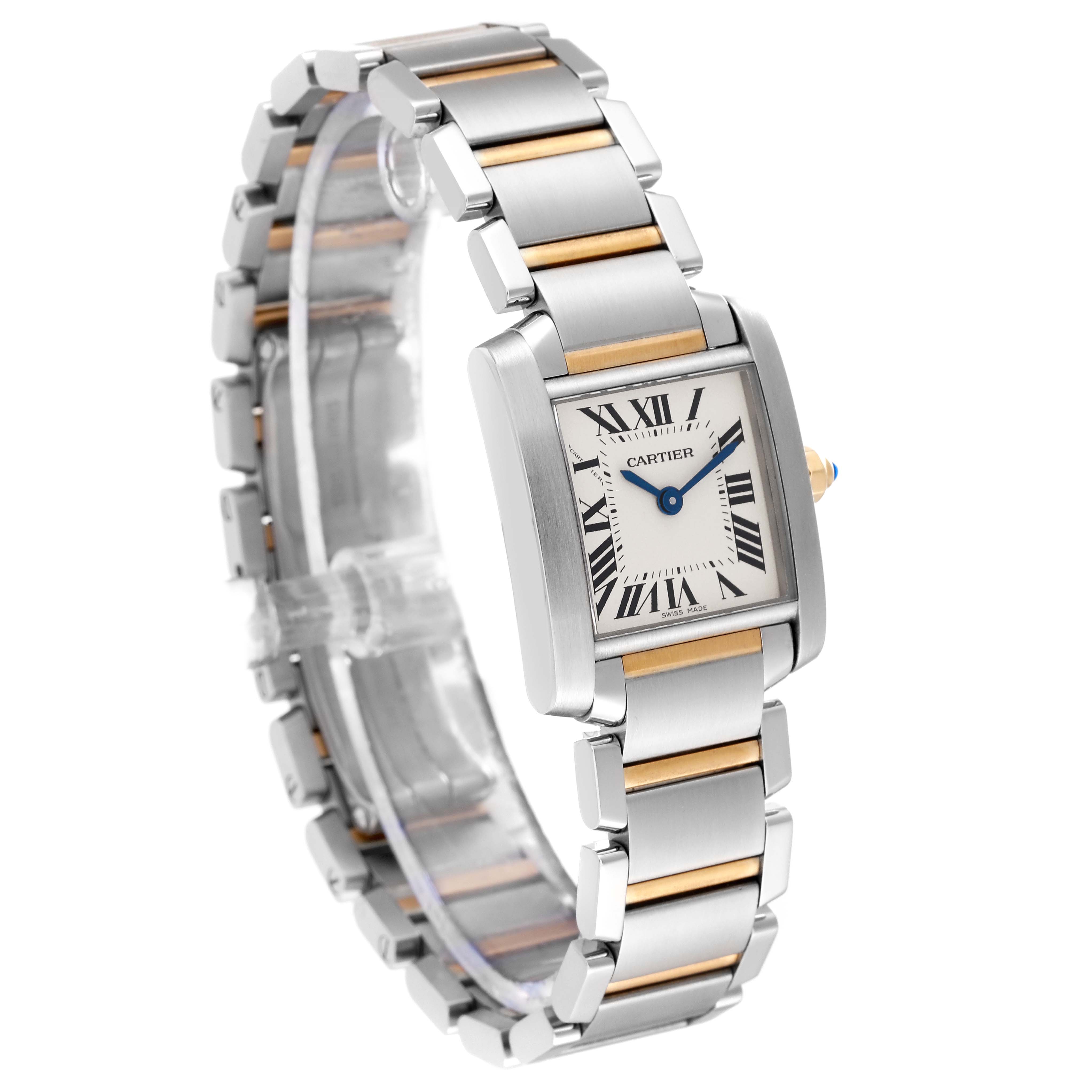 The image shows a Cartier Tank Francaise W51007Q4 Women's Steel and Gold (two tone) Silver Dial W51007Q4 Women's Steel and Gold (two tone) Silver Dial watch at an angle displaying its face, band, and side profile.