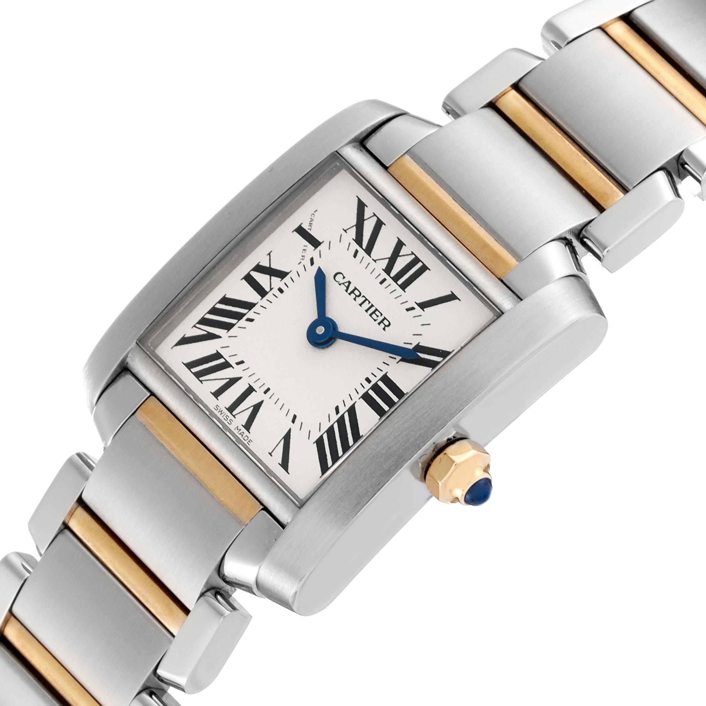 The image shows a Tank Francaise model by Cartier at an angle, highlighting its rectangular dial, blue hands, and metal bracelet.