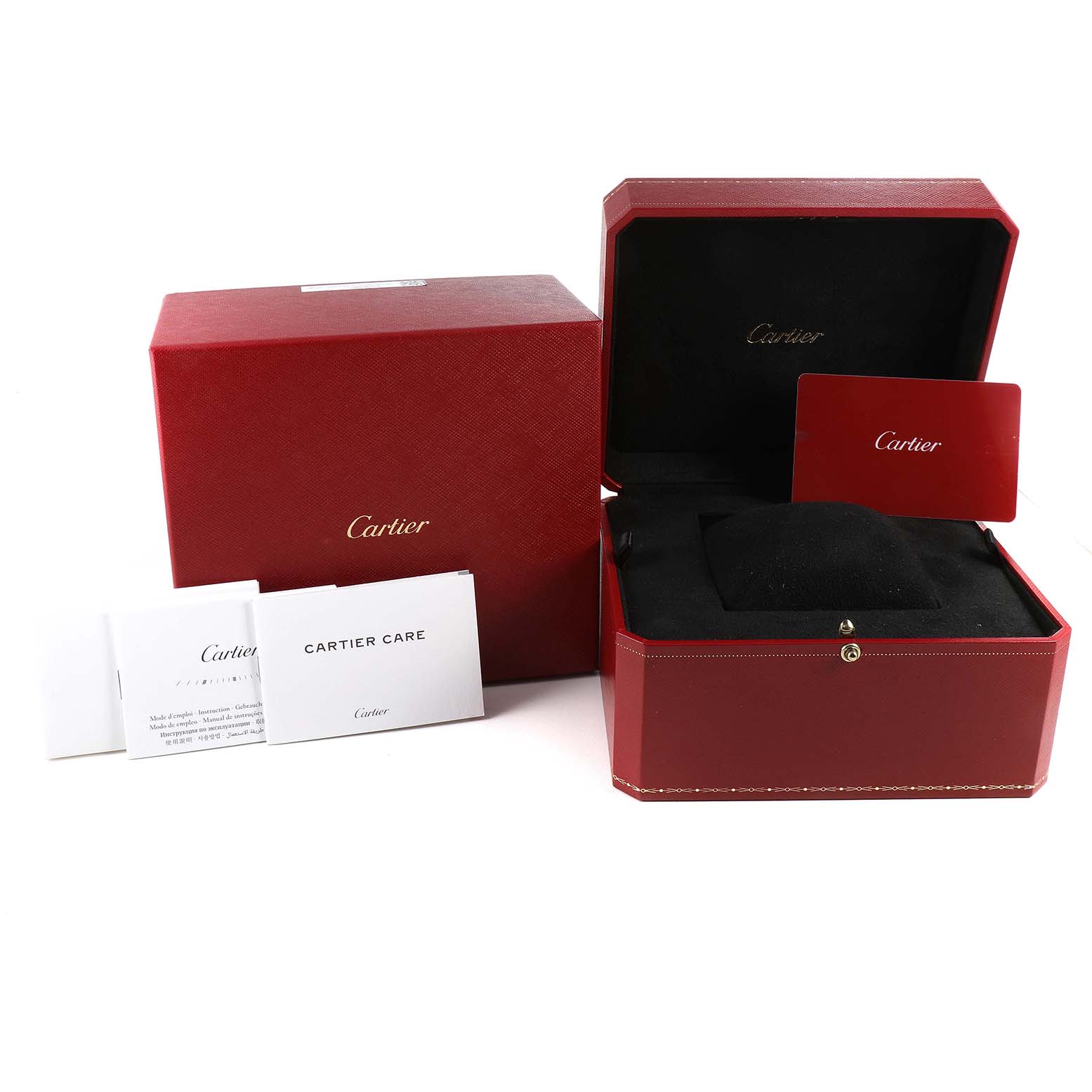 The image shows the packaging and documentation for a Cartier Tank Francaise W51007Q4 Women's Steel and Gold (two tone) Silver Dial W51007Q4 Women's Steel and Gold (two tone) Silver Dial watch, including the box, manual, and warranty card.