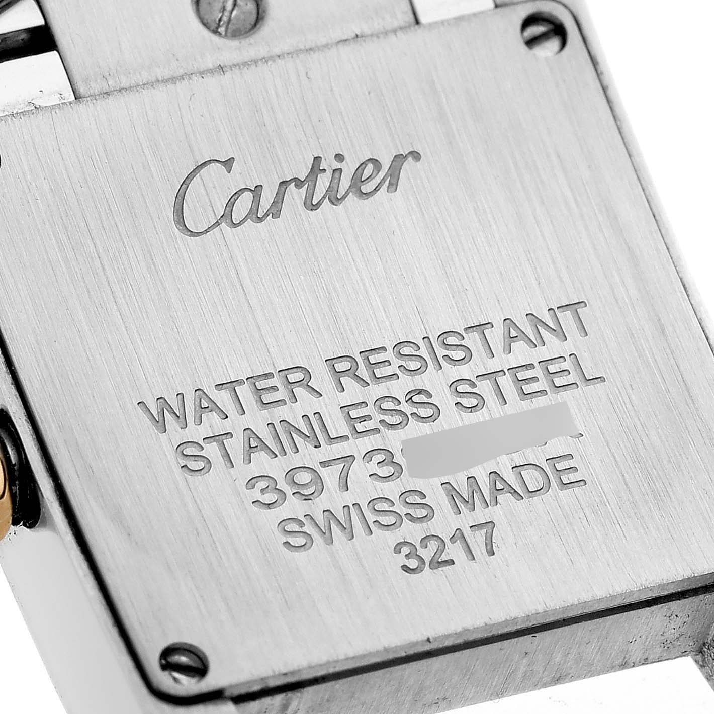 The image shows the back case of a Cartier Tank Française watch, highlighting its water resistance and stainless steel features.