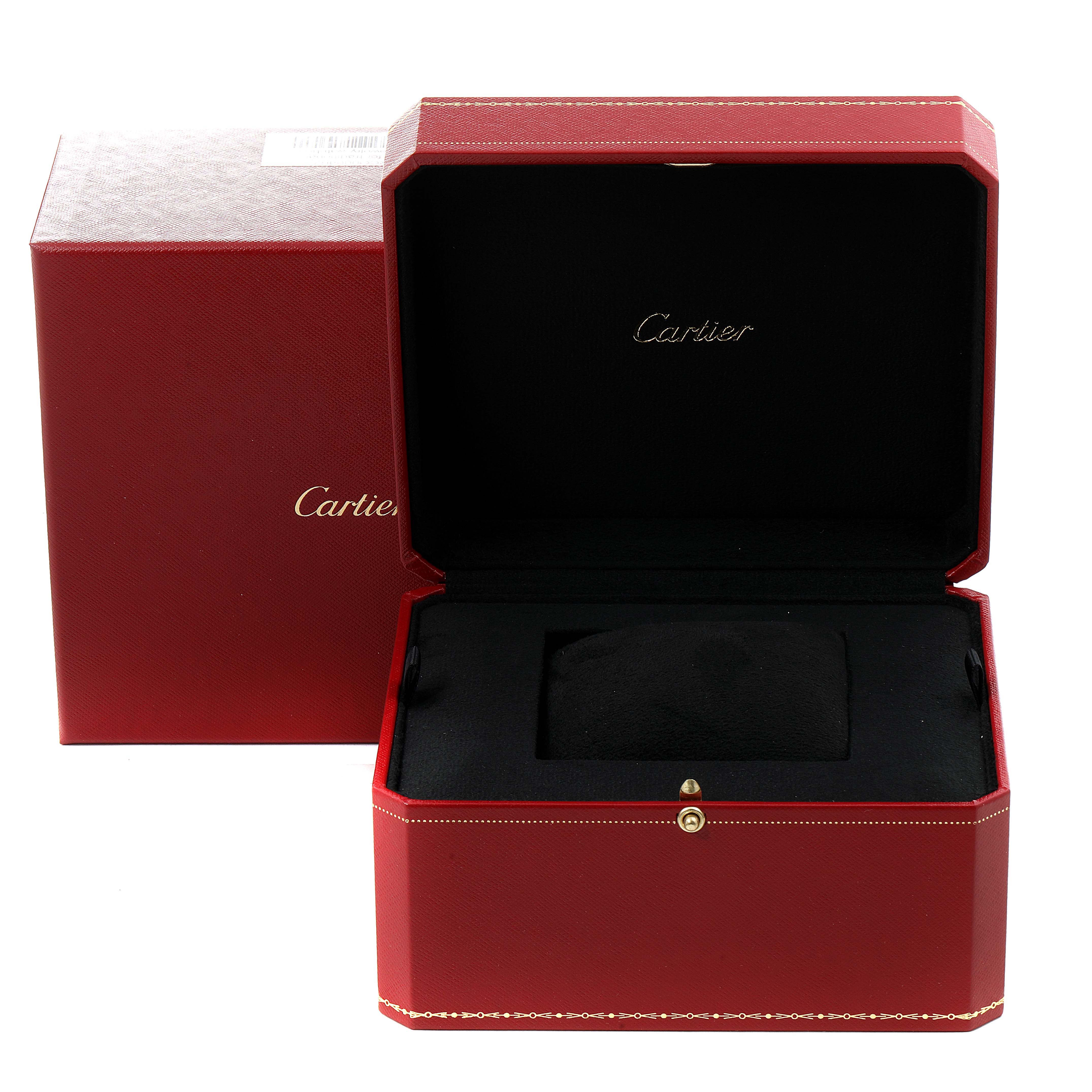 The image shows the open and closed red Cartier box for the Tank Francaise model watch.