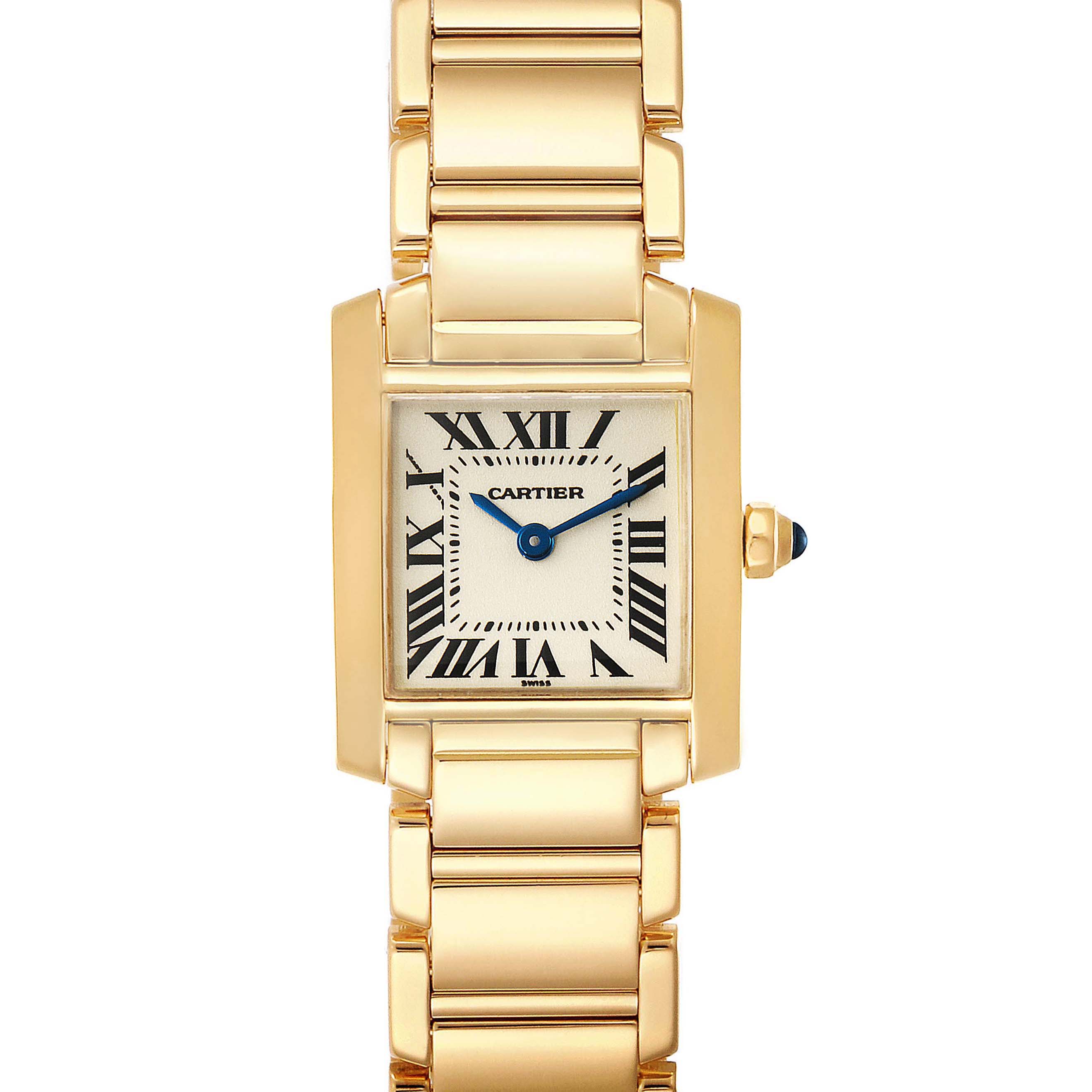 This image shows a top-down view of the Cartier Tank Française watch, highlighting its gold bracelet and rectangular face with Roman numerals.