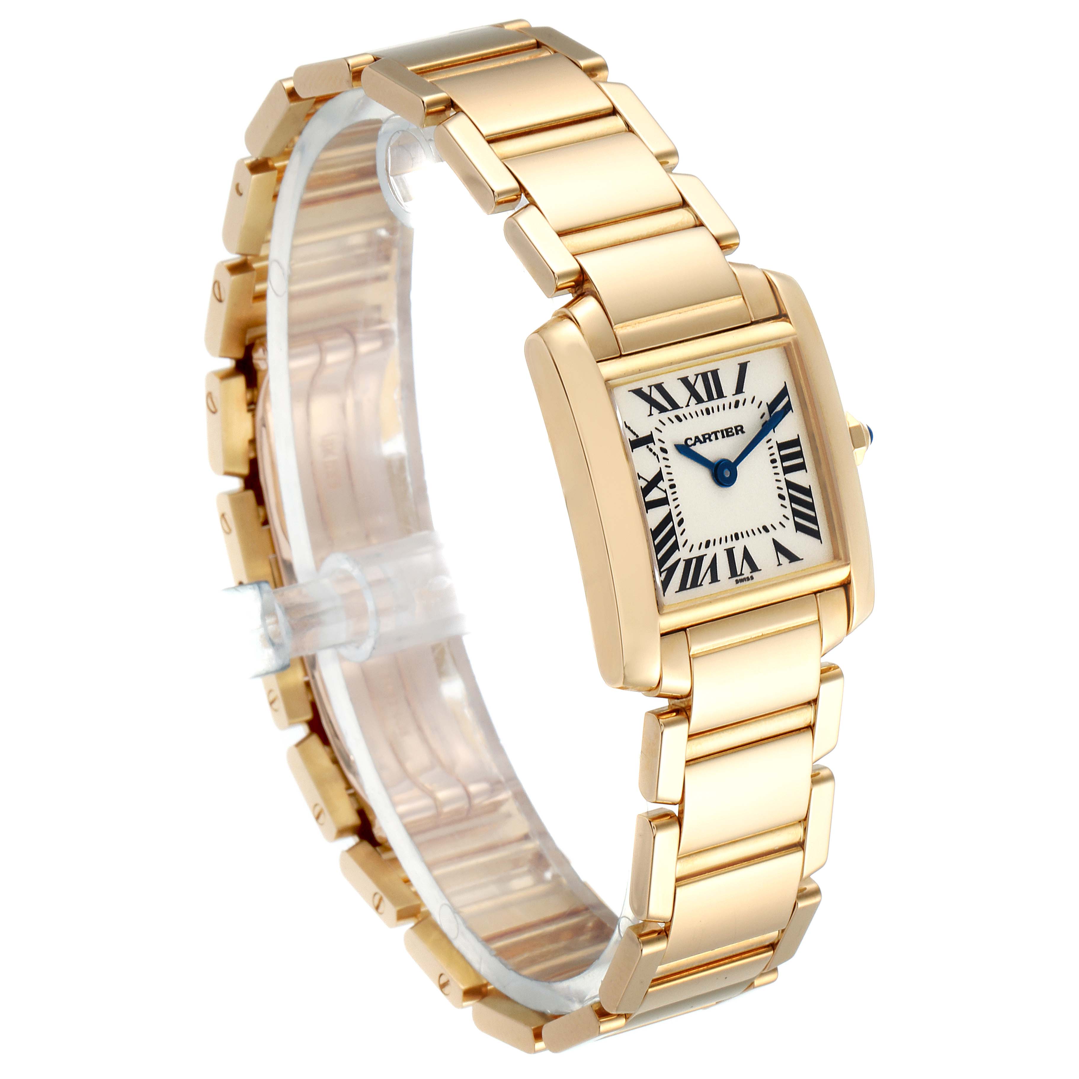 The image shows a side angle view of a Cartier Tank Francaise W50002N2 Women's Yellow Gold Silver Dial W50002N2 Women's Yellow Gold Silver Dial watch, highlighting its gold bracelet and rectangular face.