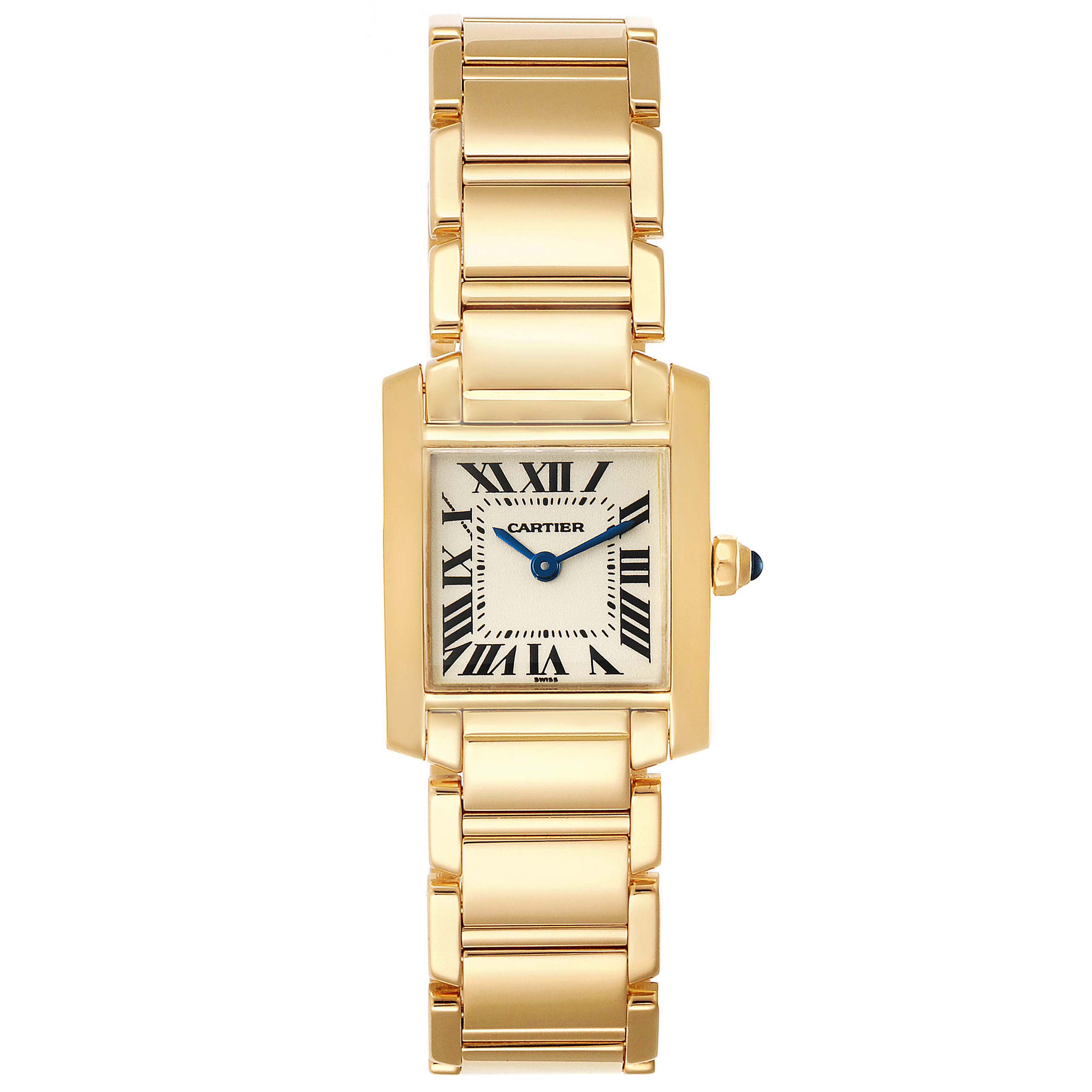 The image shows a front view of a Cartier Tank Francaise W50002N2 Women's Yellow Gold Silver Dial W50002N2 Women's Yellow Gold Silver Dial watch, highlighting its gold bracelet and rectangular face with Roman numeral indices.