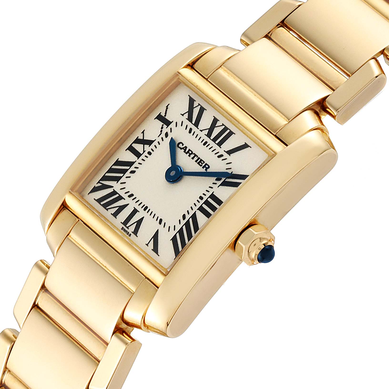 The image shows a close-up, angled view of the dial, bezel, and part of the bracelet of the Cartier Tank Française watch.
