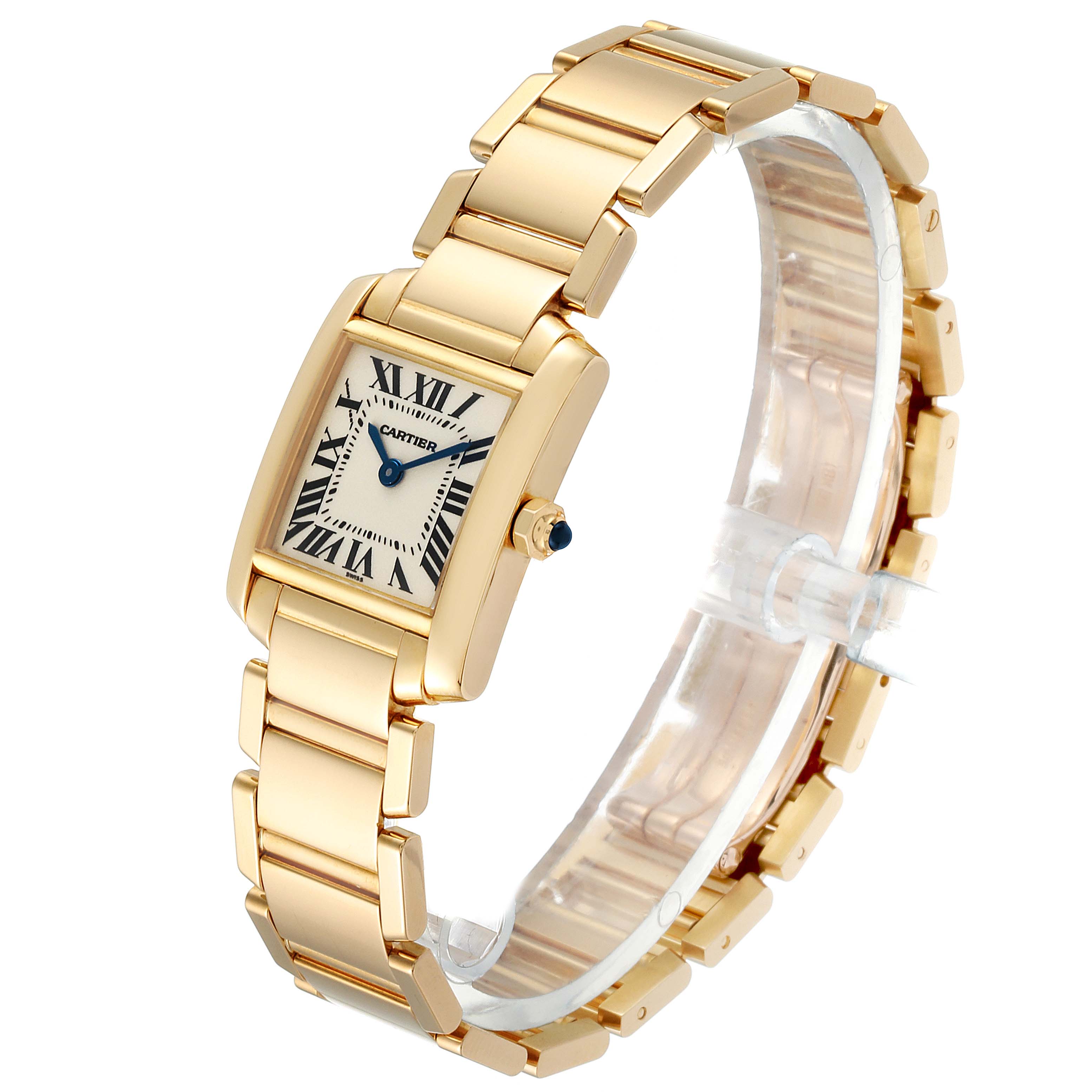The Cartier Tank Française watch is shown from an angled side view, displaying the face, crown, and bracelet.