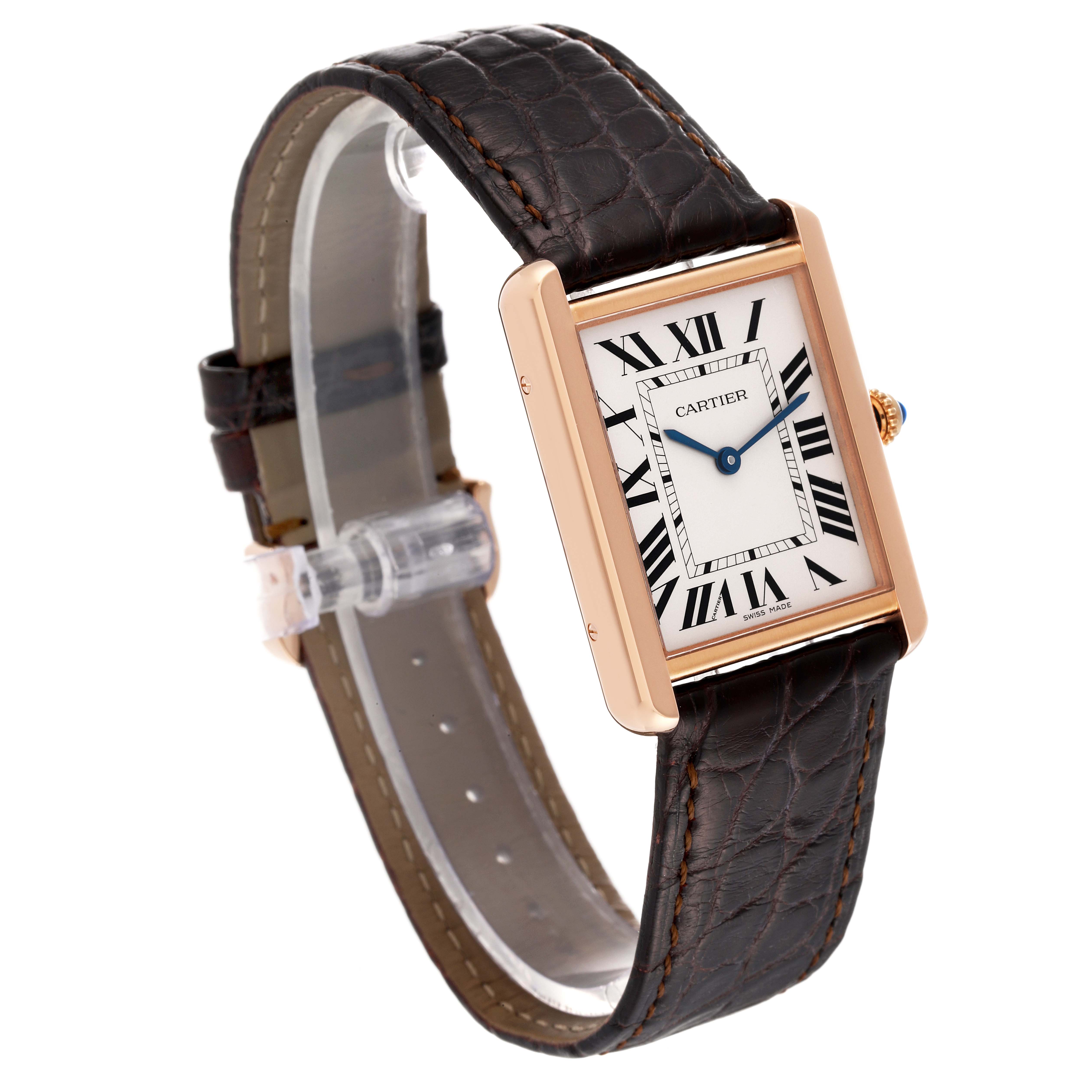 The image shows a Cartier Tank Solo W5200025 Men
s Rose Gold Silver Dial W5200025 Men
s Rose Gold Silver Dial watch at an oblique angle, highlighting the face, leather strap, and crown.