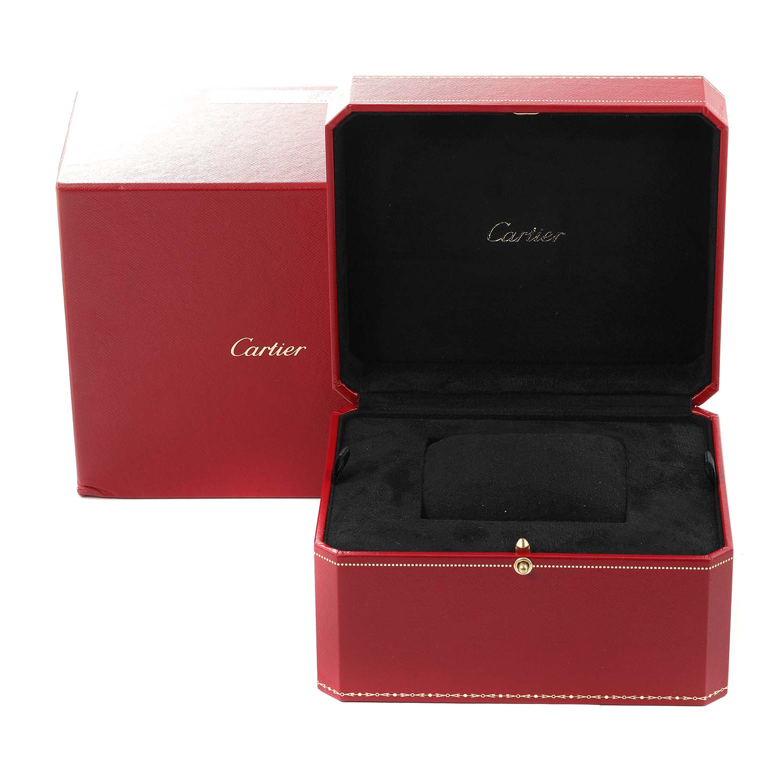 The image shows the open packaging box for the Cartier Tank Solo W5200025 Men
s Rose Gold Silver Dial W5200025 Men
s Rose Gold Silver Dial watch, revealing its red exterior and black interior.