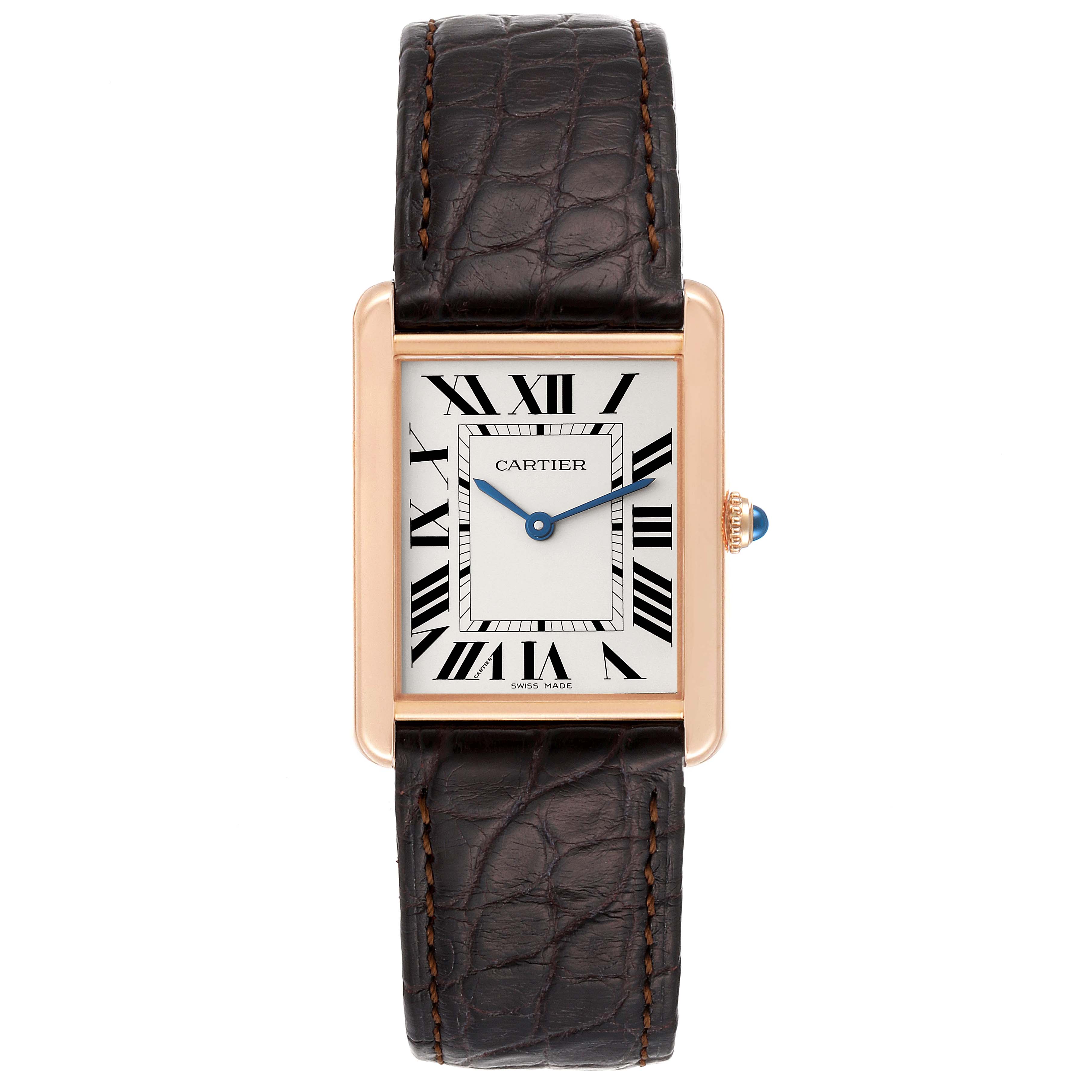 The image shows a front view of the Cartier Tank Solo W5200025 Men
s Rose Gold Silver Dial W5200025 Men
s Rose Gold Silver Dial watch, highlighting the Roman numeral dial, blue hands, and alligator leather strap.